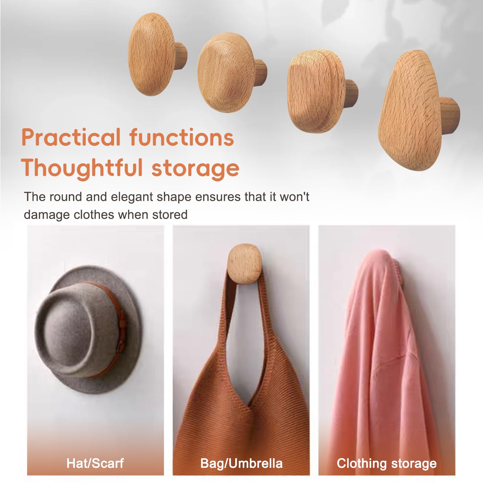 Set di 4 ganci appendiabiti in legno, rotondi, decorativi in legno di faggio e noce, robusti ganci da parete in legno per giacche, borse e asciugamani (faggio naturale)