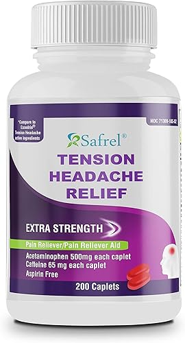 Safrel - Alivio del dolor de cabeza de tensión con acetaminofeno de 500 mg y cafeína de 65 mg (200 cápsulas) paquete económico Fuerza adicional