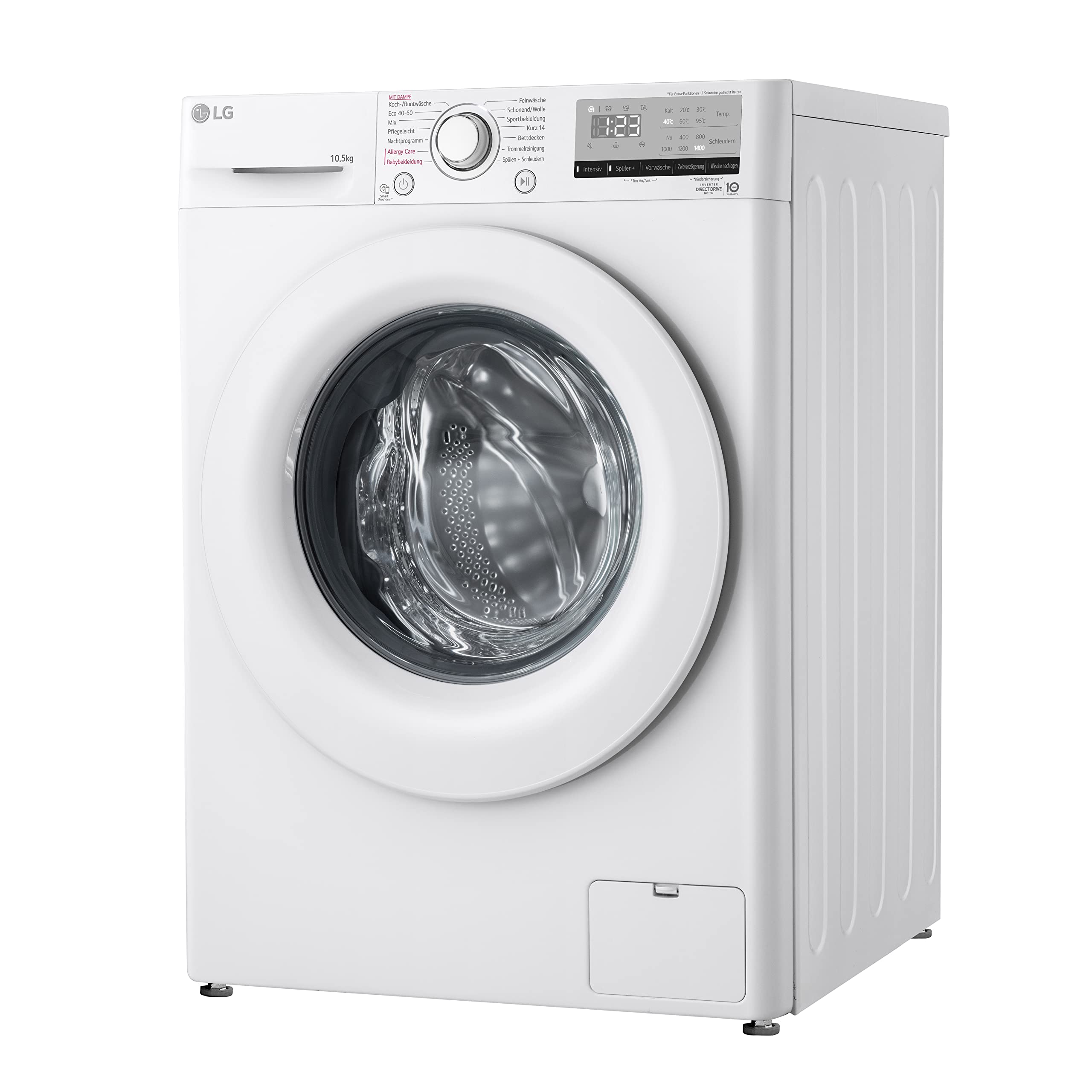LG F4WV31X3G, Klasse B, Frontlader-Waschmaschine 10,5 kg, 1400 U/min, AI Direct Drive, Wi-Fi, Tiefenreinigung mit Dampf, Größere Kapazität, Außentür aus Sicherheitsglas, 62 x 60 x 85 cm ꟷ Weiß