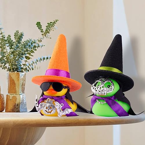 Miniatura 7 de Adornos de pato de goma para automóvil, decoraciones de tablero de automóvil con mini sombrero de bruja, capa, collar, accesorios de Halloween para