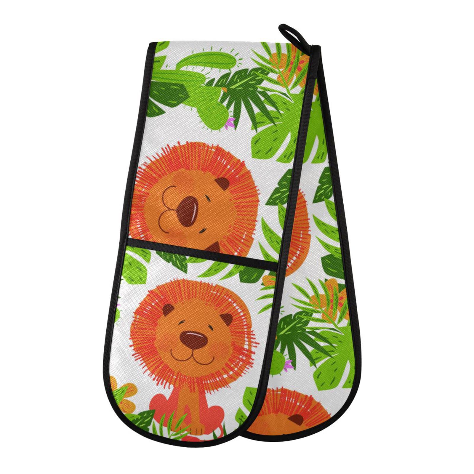 Double Oven Glove Cute Lion Heat Resistant Double Ovens Mitt Modern Cooking Gloves Potholders