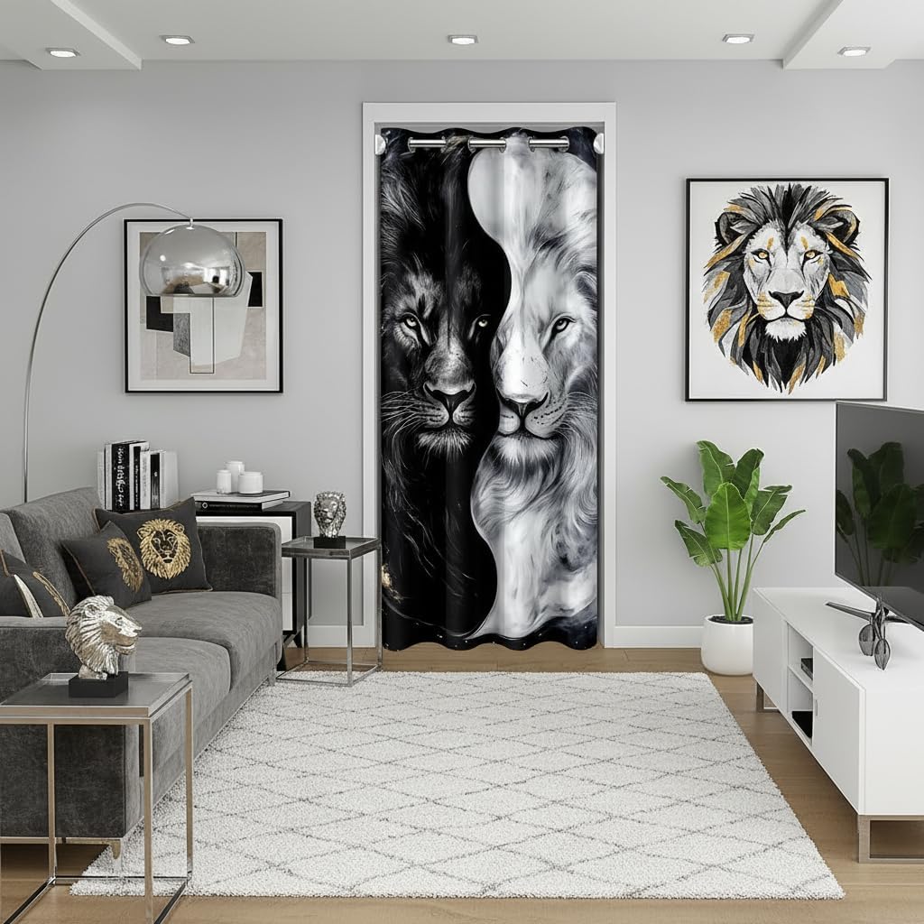 Castle Fairy Wild Lion Couple Door Curtain Tropical African Animal Blackout Curtain for Girls Boys Kids Black and White Doorway Curtain Lions Wildlife Privacy Door Drape 1 Panel 52" W X 84" L