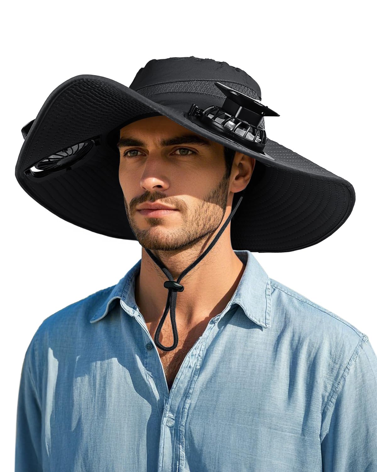 Wide Brim Sun Hat with 2 Solar Fan Sun Bucket Hat for Men Women UPF 50 Bucket Fishing