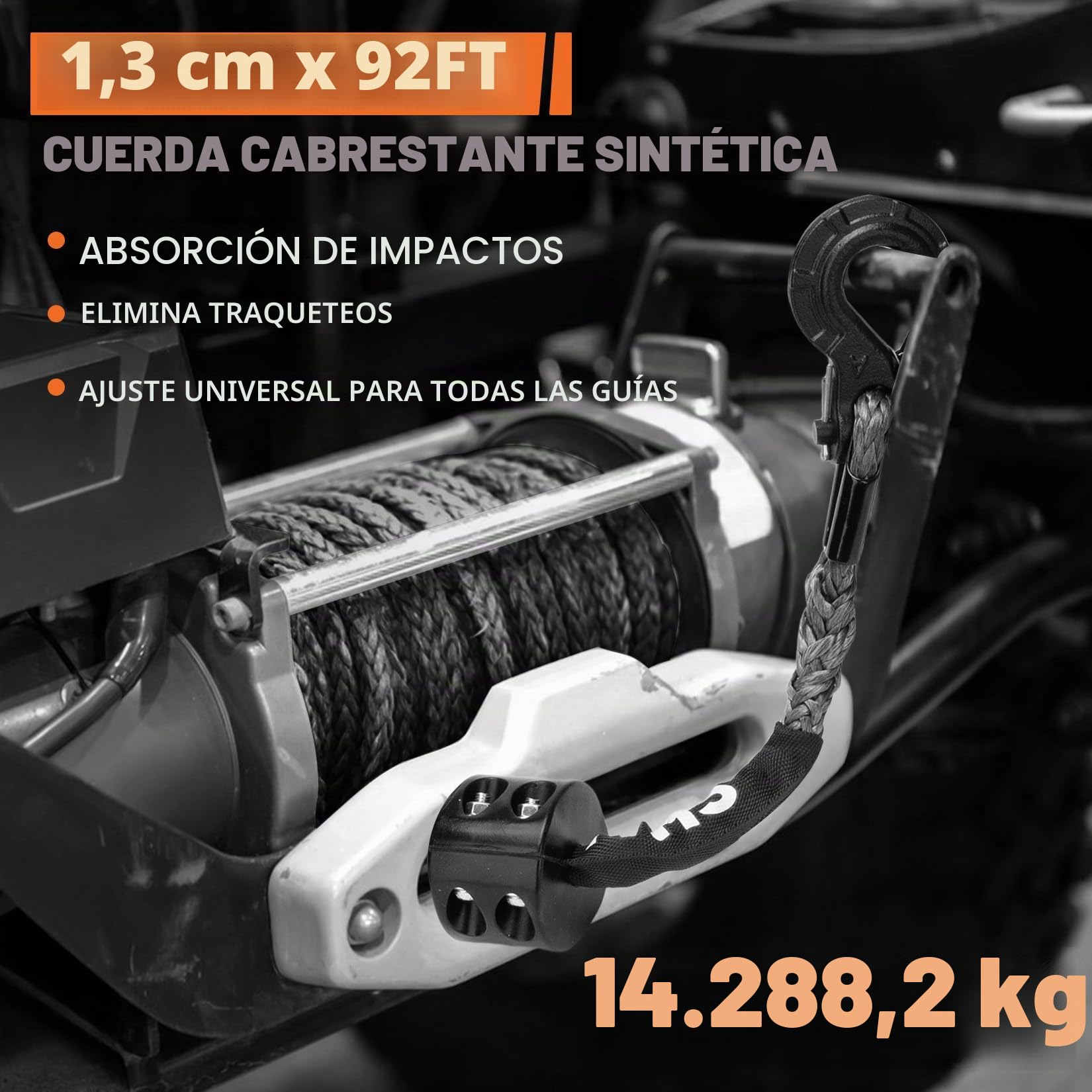 SHALL Correas y Cuerdas de Remolque, Cuerda sintética para cabrestante de 12 mm x 28 m de Largo, 16 toneladas (35500 LB), Funda Protectora, Gancho Forjado para cabrestante y Correa de Seguridad