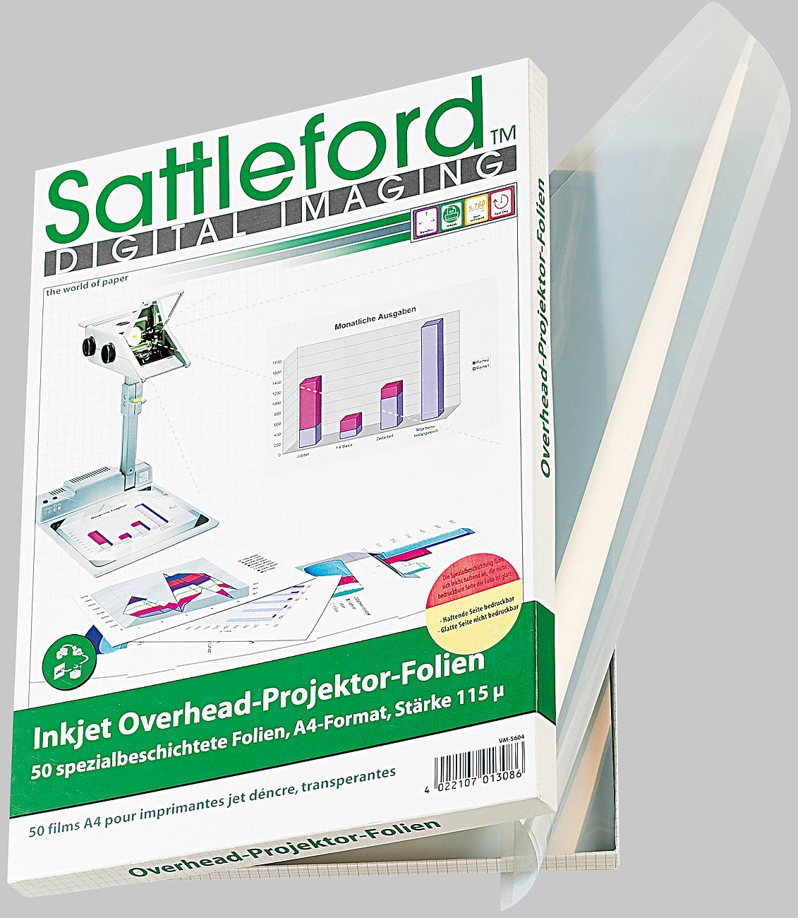 Sattleford Druckerfolie: 100 Inkjet-Overhead-Folien, DIN A4, transparent, 115 µm, Sparpack (Druckerfolie Tintenstrahldrucker, Transparentfolien)