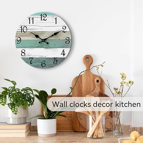 Miniatura 4 de CHYLIN Reloj de pared, 10 pulgadas, silencioso, sin tictac, funciona con pilas, reloj rústico turquesa verde azulado decorativo para cocina, baño,