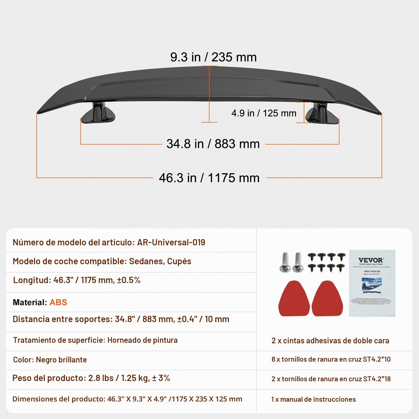 VEVOR Alerón de Coche, Alerón Universal de 1175 x 235 x 125 mm, Compatible con la Mayoría de los Sedanes y Cupés, Material ABS de Alta Resistencia, Alerón Trasero de Coche de Color Negro Brillante