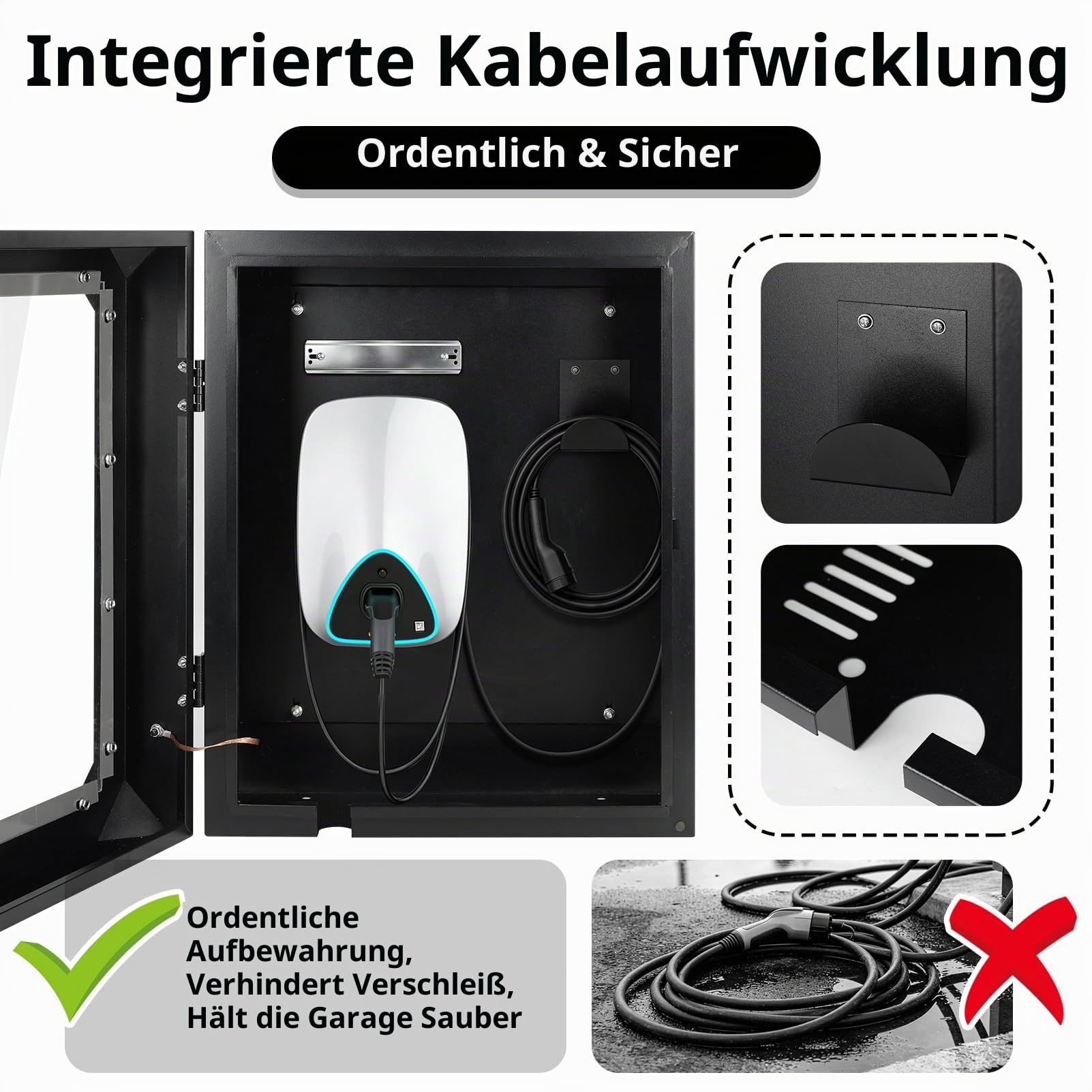 Wallbox Wetterschutz Schutzbox mit Kabelaufroller für EV Ladestation | Abschließbare Wallbox Schutzbox aus Stahl mit Acrylfenster, UV- und Regenschutz für Outdoor Ladestationen mit Kabelmanagement