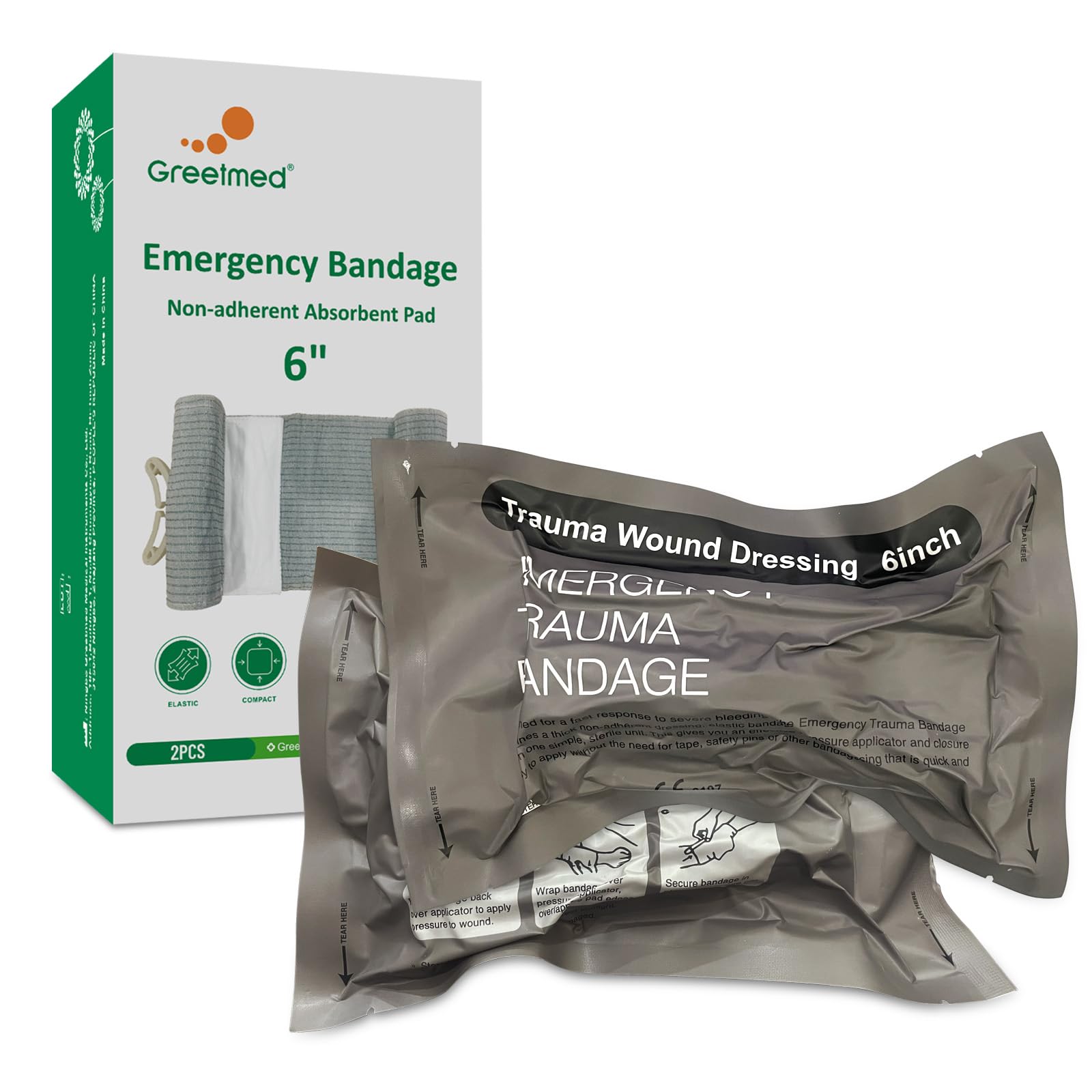 2 Pack Israeli Bandages Compression Emergency Bandage 6" Trauma Kit Vacuum Sealed Wound Dressing Bandage Combat Tactical First Aid Kit IFAK Supplies