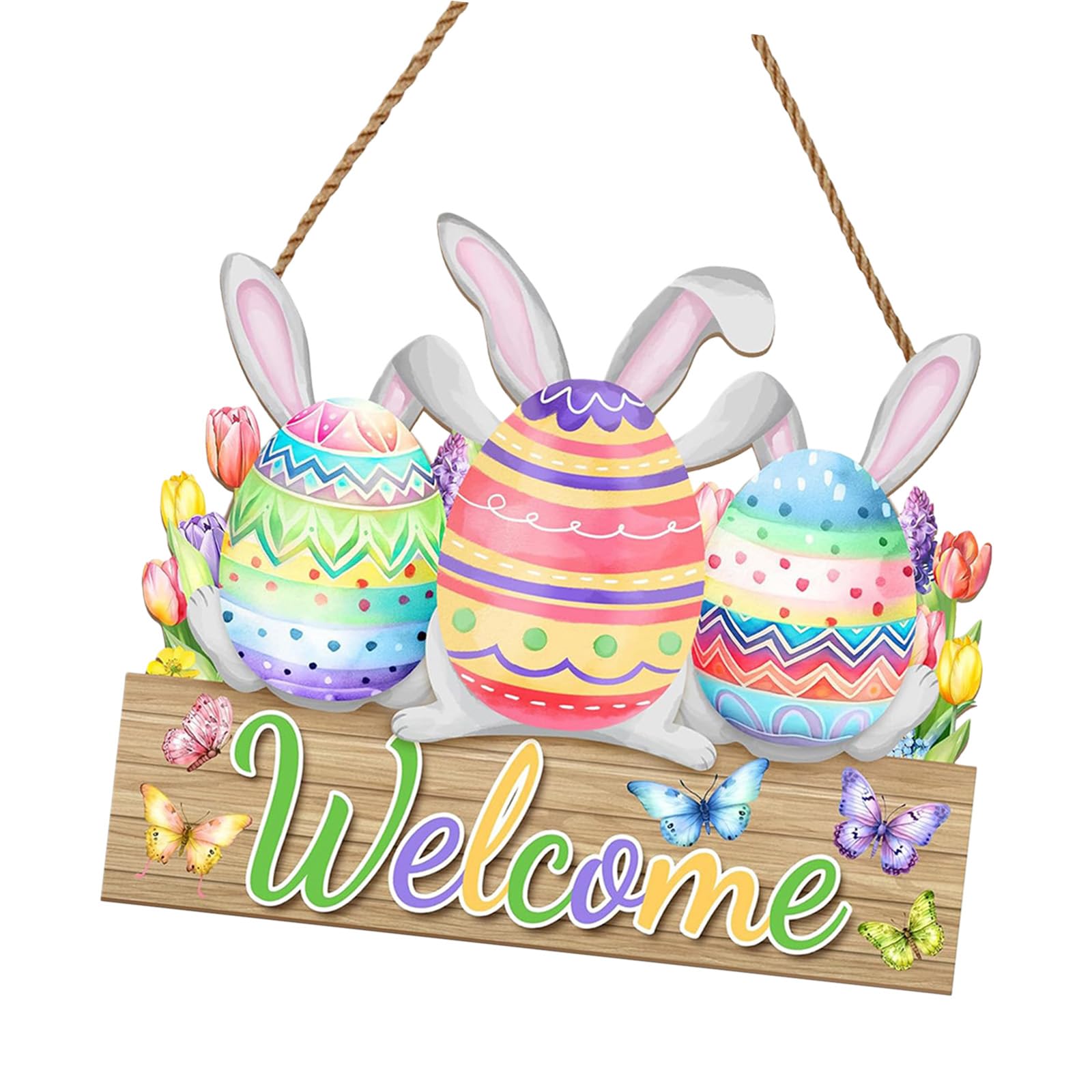 CAZSTYK Rabbits Themed Welcome Plaques Wooden Easter Spring Party Door Decoration Flowers Easy Installation Ornament Easter Sign