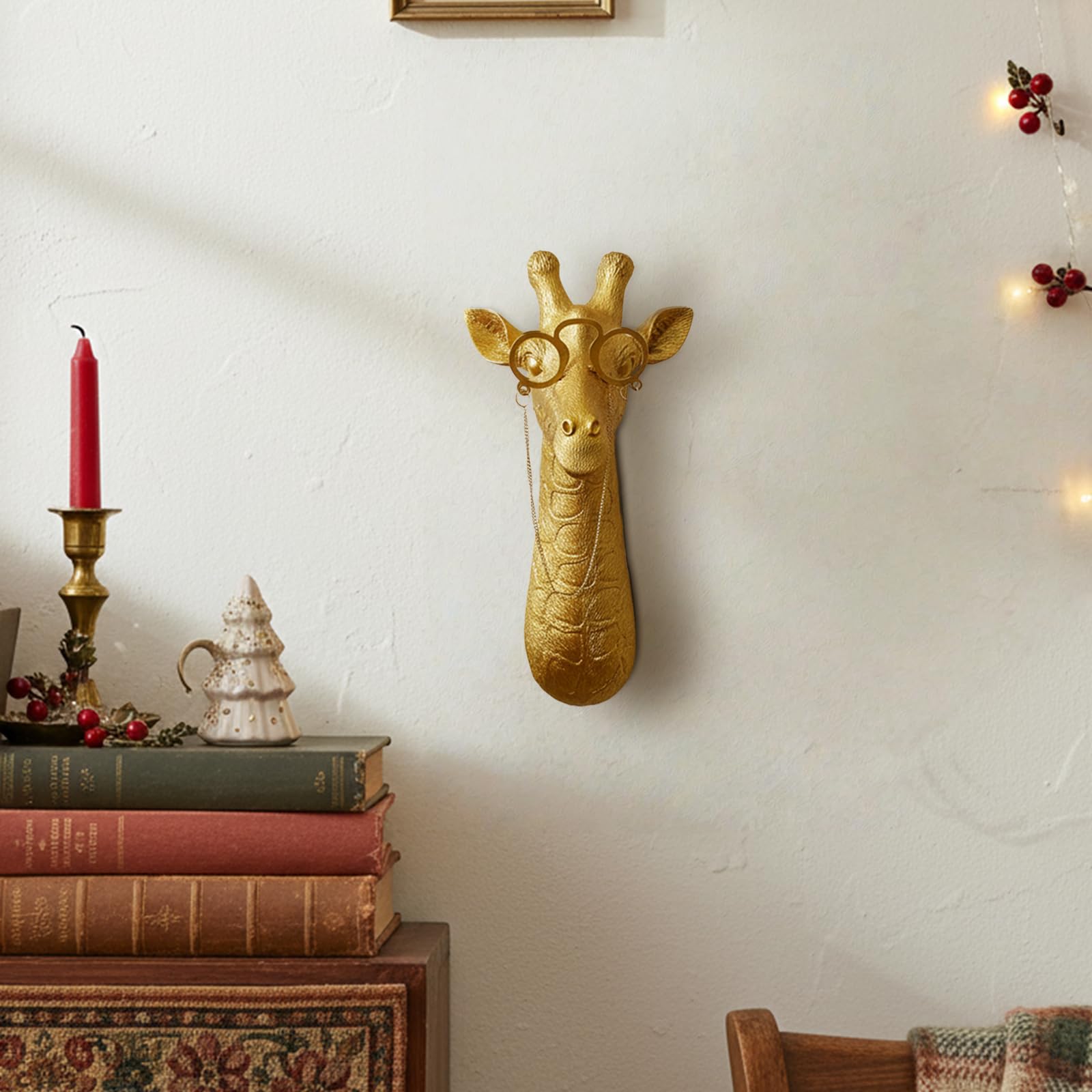 WVOPIAHY Figurine murale girafe dorée avec lunettes - Décoration murale en résine - Longueur : 29 cm - Largeur : 14,5 cm