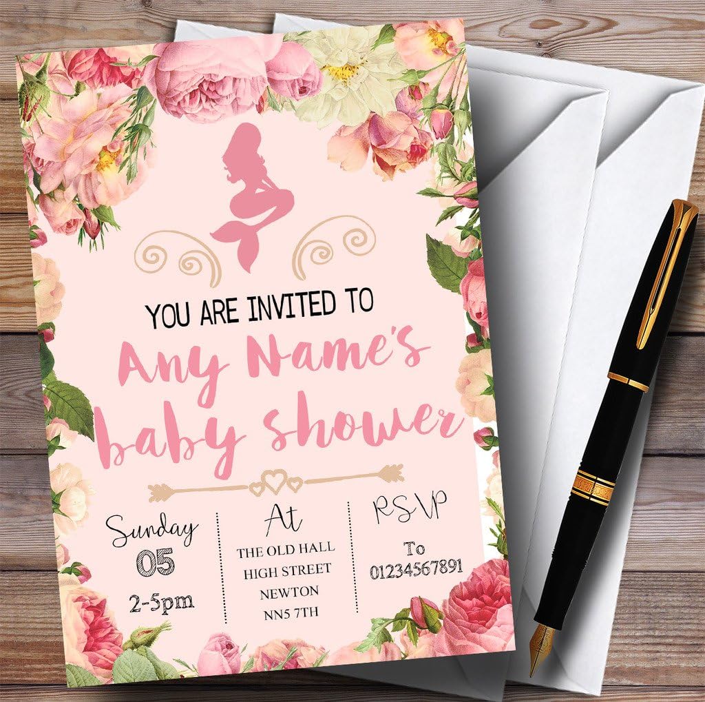 Pink Roses Mermaid Invitations Baby Shower Invitations
