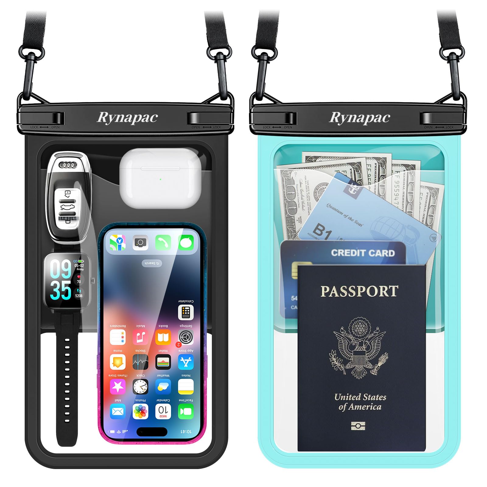 Rynapac 2 Pack Waterproof Phone Pouch - 10in Waterproof Phone Case with Lanyard, IPX8 Cellphone Dry Bag Beach Essentials for iPhone 16 15 14 Pro Max,