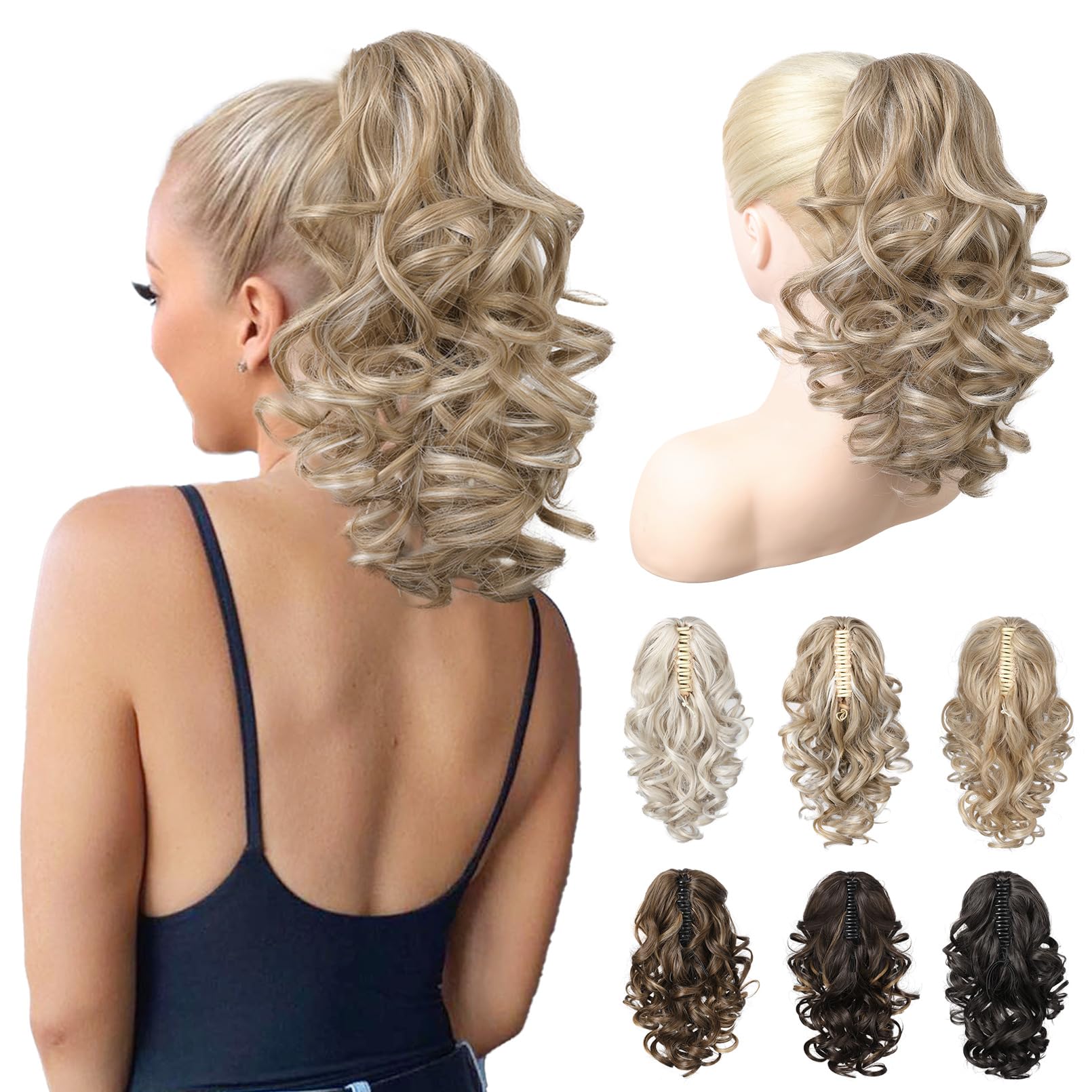 REECHO 12" Ponytail Extension, Classic Loose Curly Wavy Claw Clip Pony tails Hair Extensions Hairpieces for Women - Dark Ash Blonde with Highlights