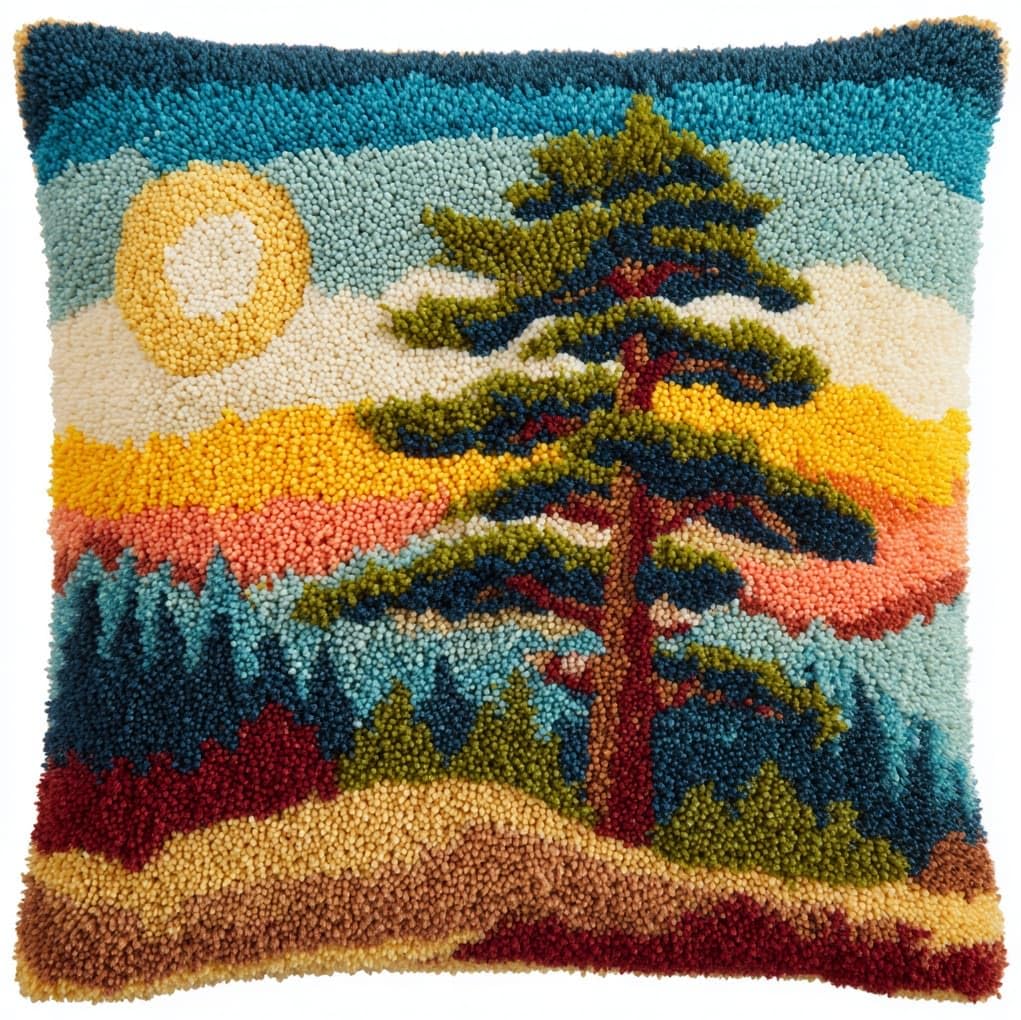 WallustrioaW Latch Hook Kits Pillow for Adults,Sunset Pine Tree Landscape
