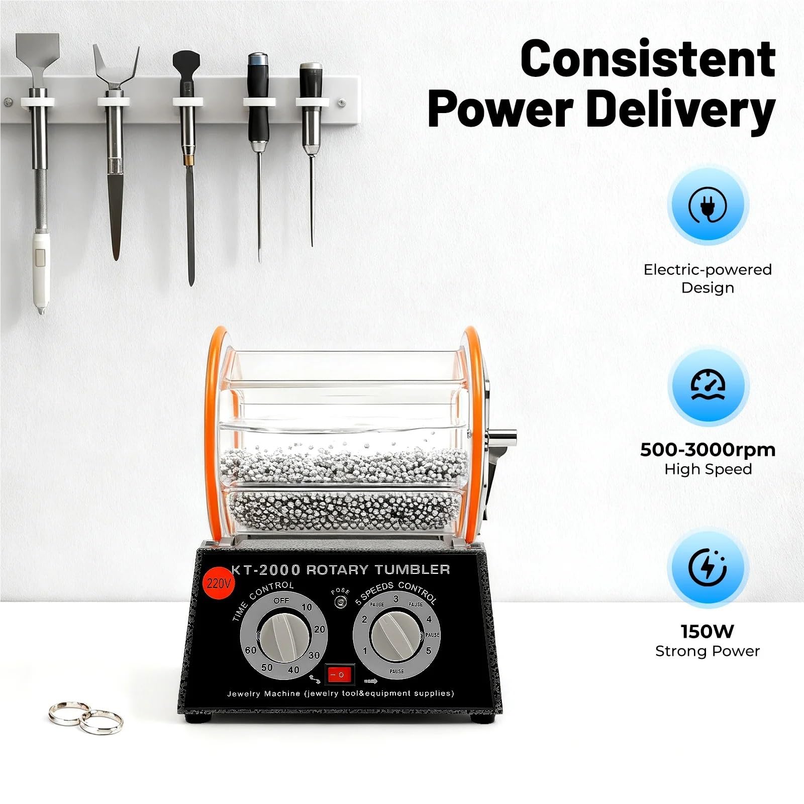 Polisseuse rotative 150W, tambour de polissage 3000 tr/min for bijoux en or et argent