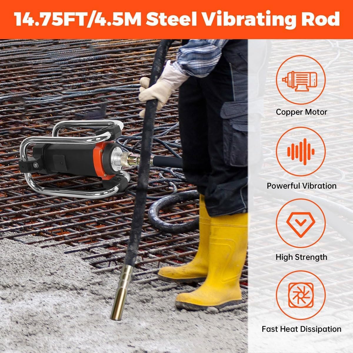 Electric Concrete Vibrator,1500W Portable Immersion Cement Vibrator,Handheld Concrete Vibrating Tool with Shaft of 14.75ft / 4.5m, Remove Air Bubbles and Level Concrete
