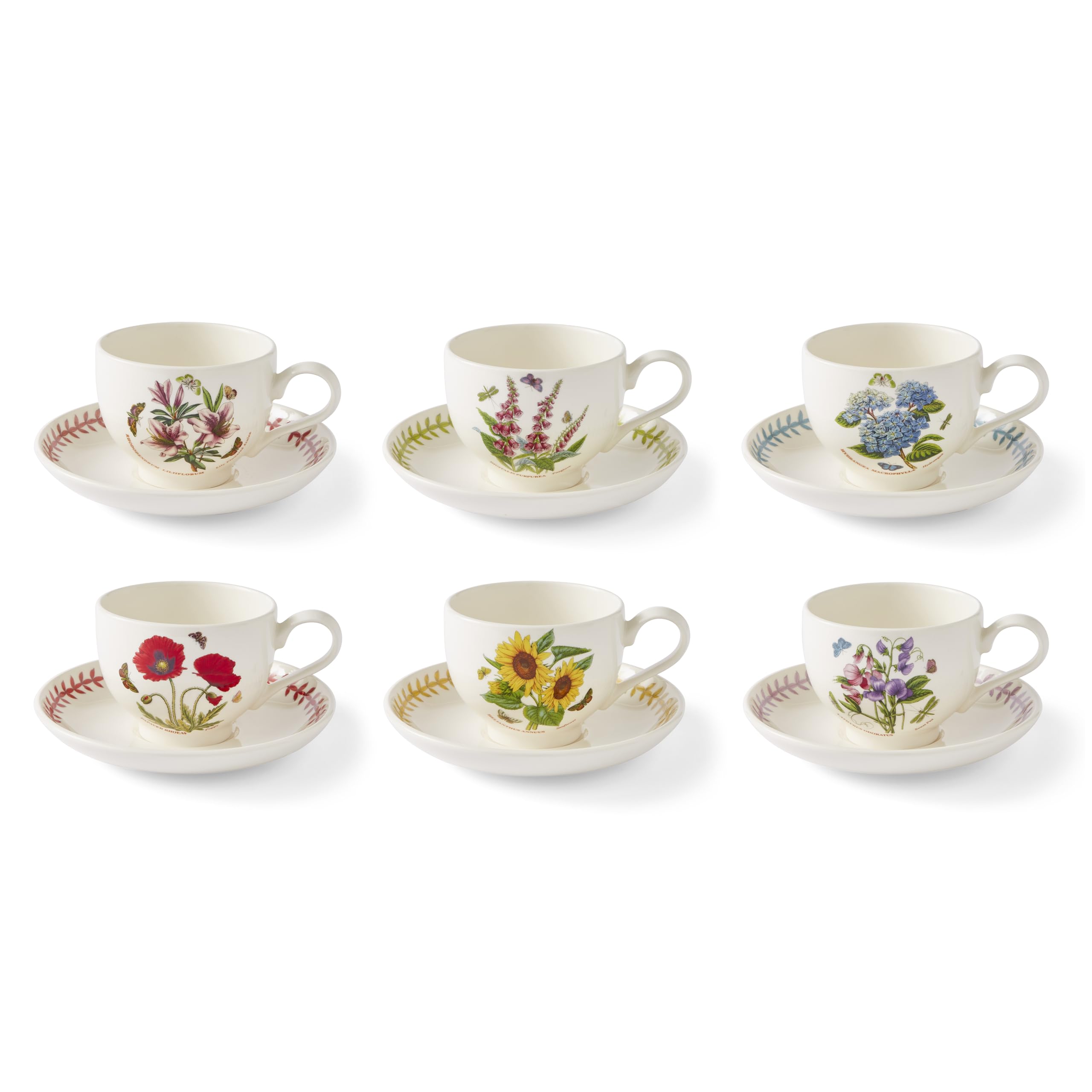 Portmerion Botanic Garden Meadow - 8.5oz Teacup & Saucer (Set of 6) | Assorted Florals with Colorful Laurel Leaf Border| Earthenware | Microwave & Dishwasher Safe | Breakfast Cups for Tea or Coffee