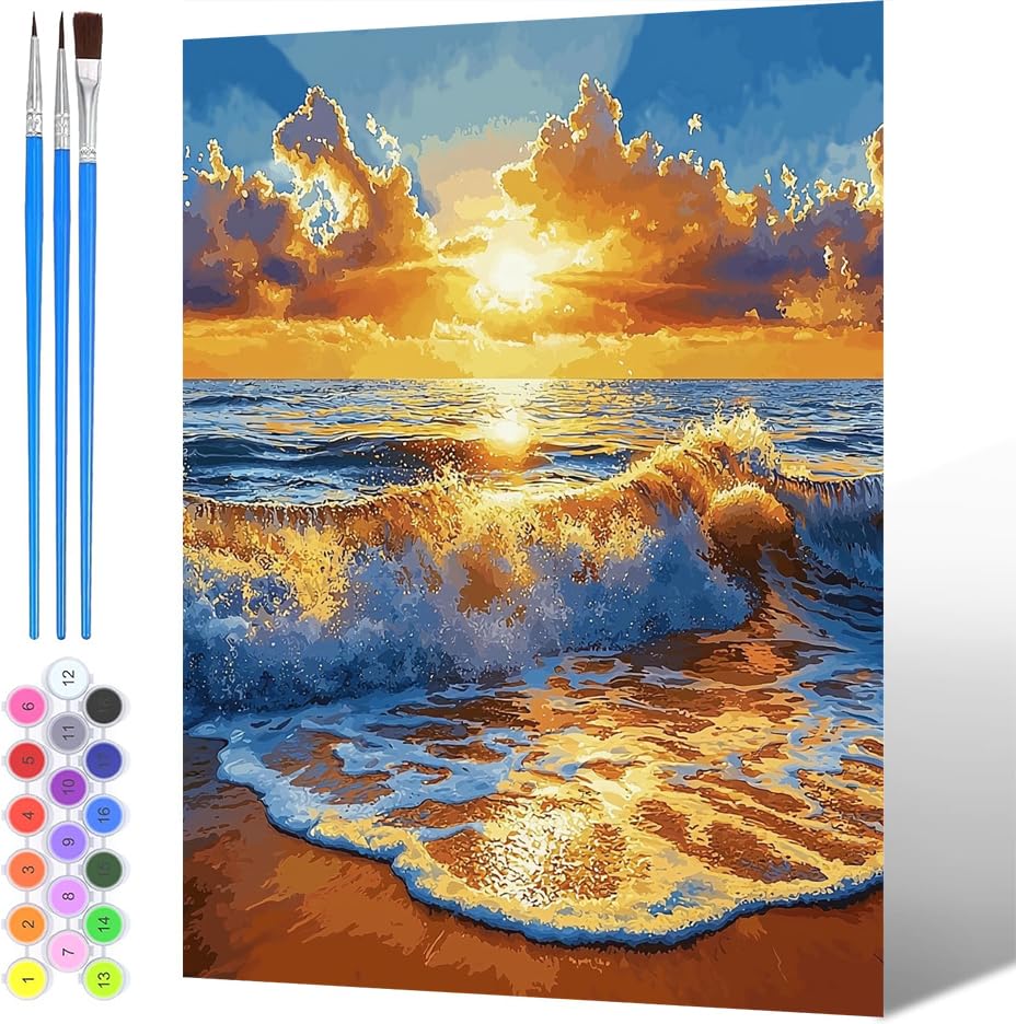 Pintura por Números para Adultos Playa, Pintura por números para Niños Atardecer, DIY Painting by Numbers Kits, con Pinceles Pigmento Acrílico (sin marco), Decoraciones del Hogar 30x40cm -1587