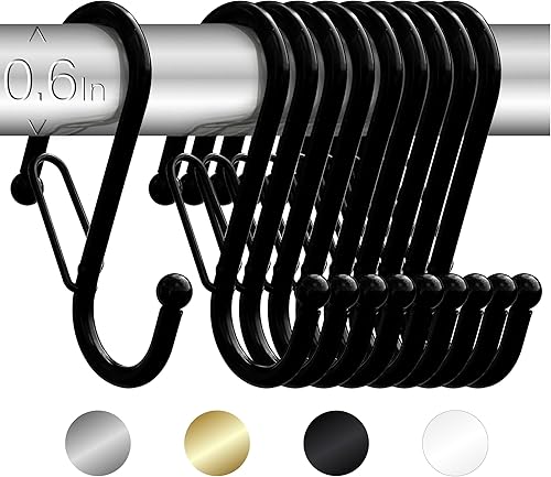 10 Metalic S-Hooks with Anti-Fall System. Anti Drop S-Shaped Hook with Safety Buckle to Prevent Falls. Heavy Duty. (Black, 2.5in Long (Diameter