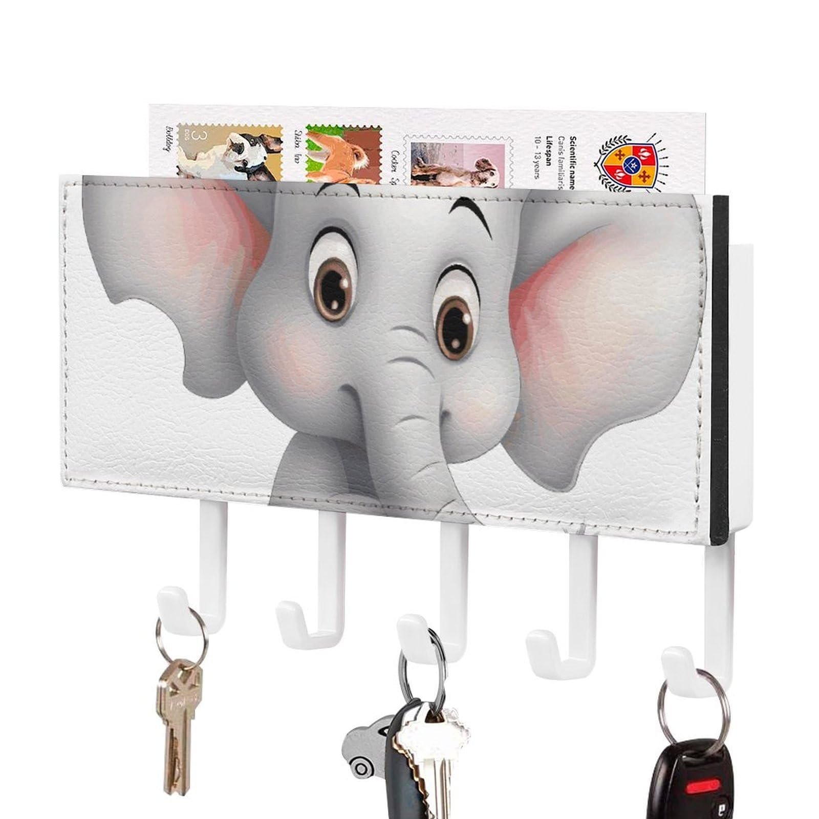 JTREHY Cute Elephant Holder Wall-Mounted Key and Mail Holder,Key Rack with 5Keys Hooks, Easy to Install Mail Organizer for Entryway, Front Door, Hallway, Office