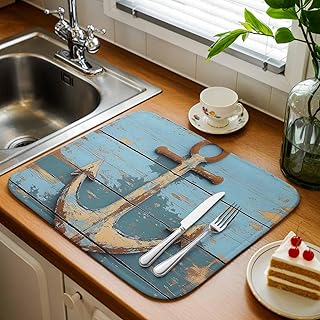 Kitchen Drying Mat Set of 2, Old Ship Anchor on Wood Grain Absorbent Microfiber Dish Drying Rack Drying Mat, Nautical Farm Blue Planks Dish Drying Pad for Countertop