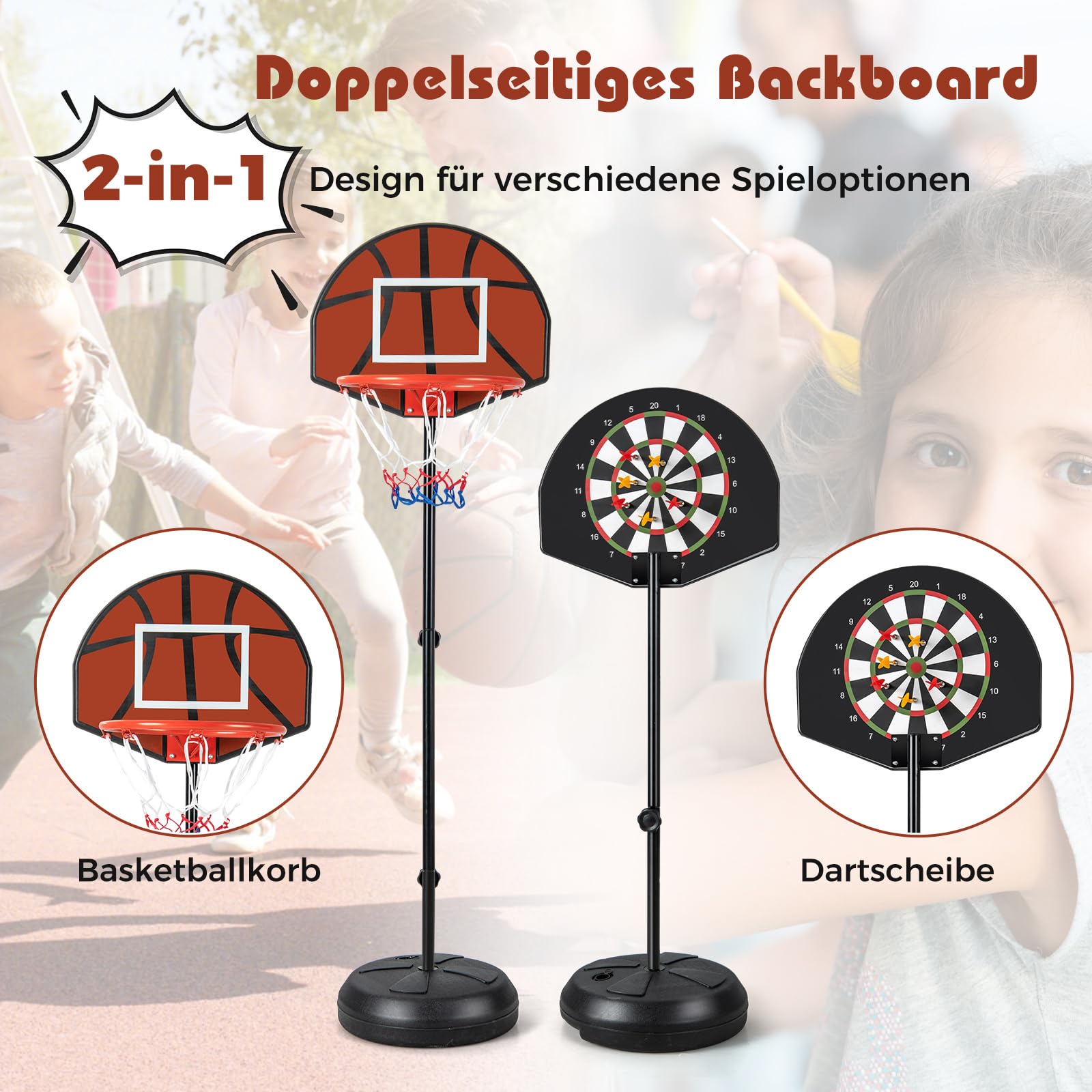 COSTWAY Kinder Basketballkorb mit Dartscheibe, 2 in 1 Basketballständer mit doppelseitigem Rückbrett & 6 Darts, 96-146 cm höhenverstellbar, Basketballkorb mit Ständer für Kinder ab 8 Jahren