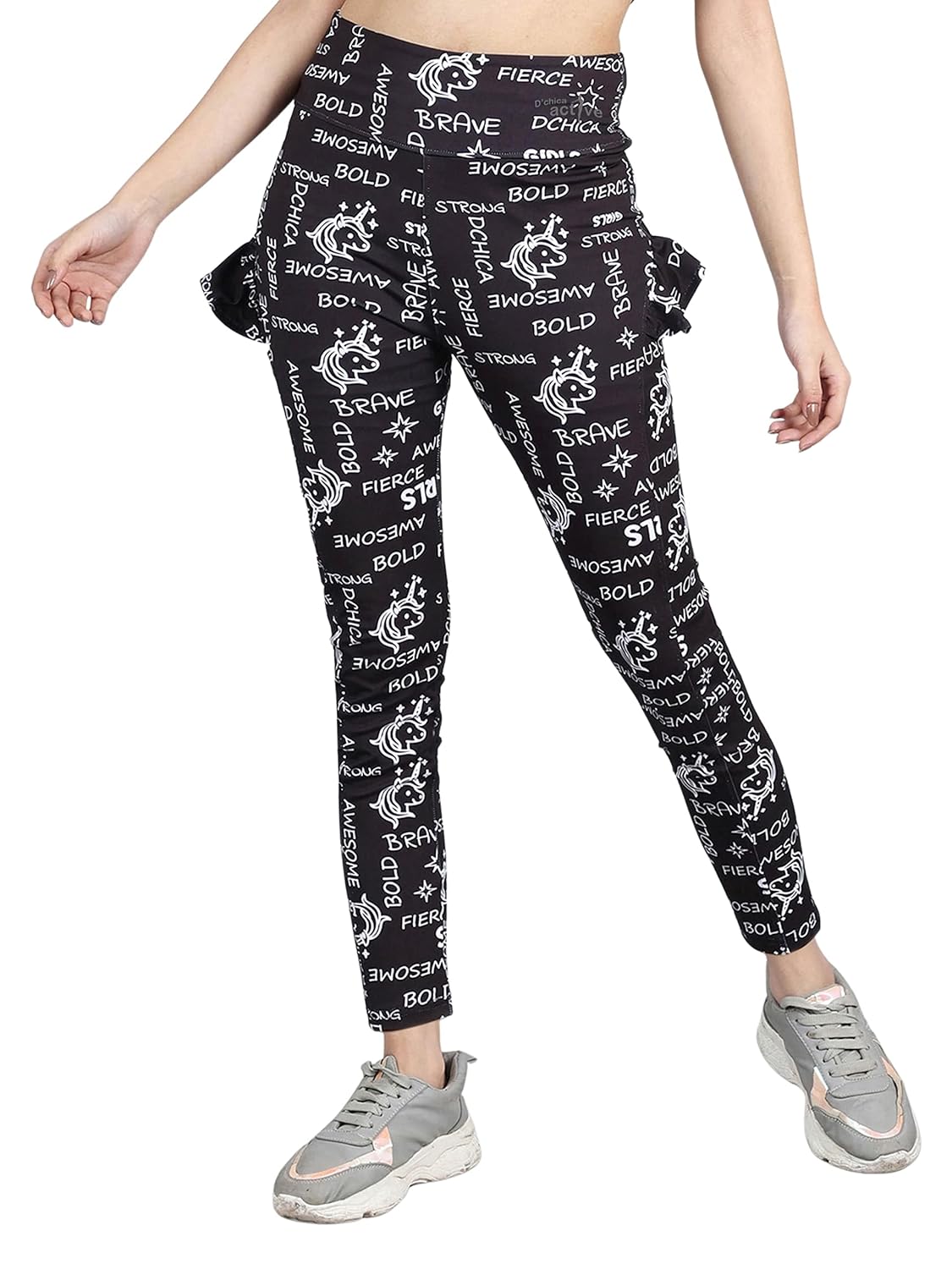 D’Chica Printed Sports Leggings with Side Pockets & Ruffles for Girls, High Waist Tight for Women, Activewear Pants Running Tights for Dancing, Yoga, Cycling & Everyday Black