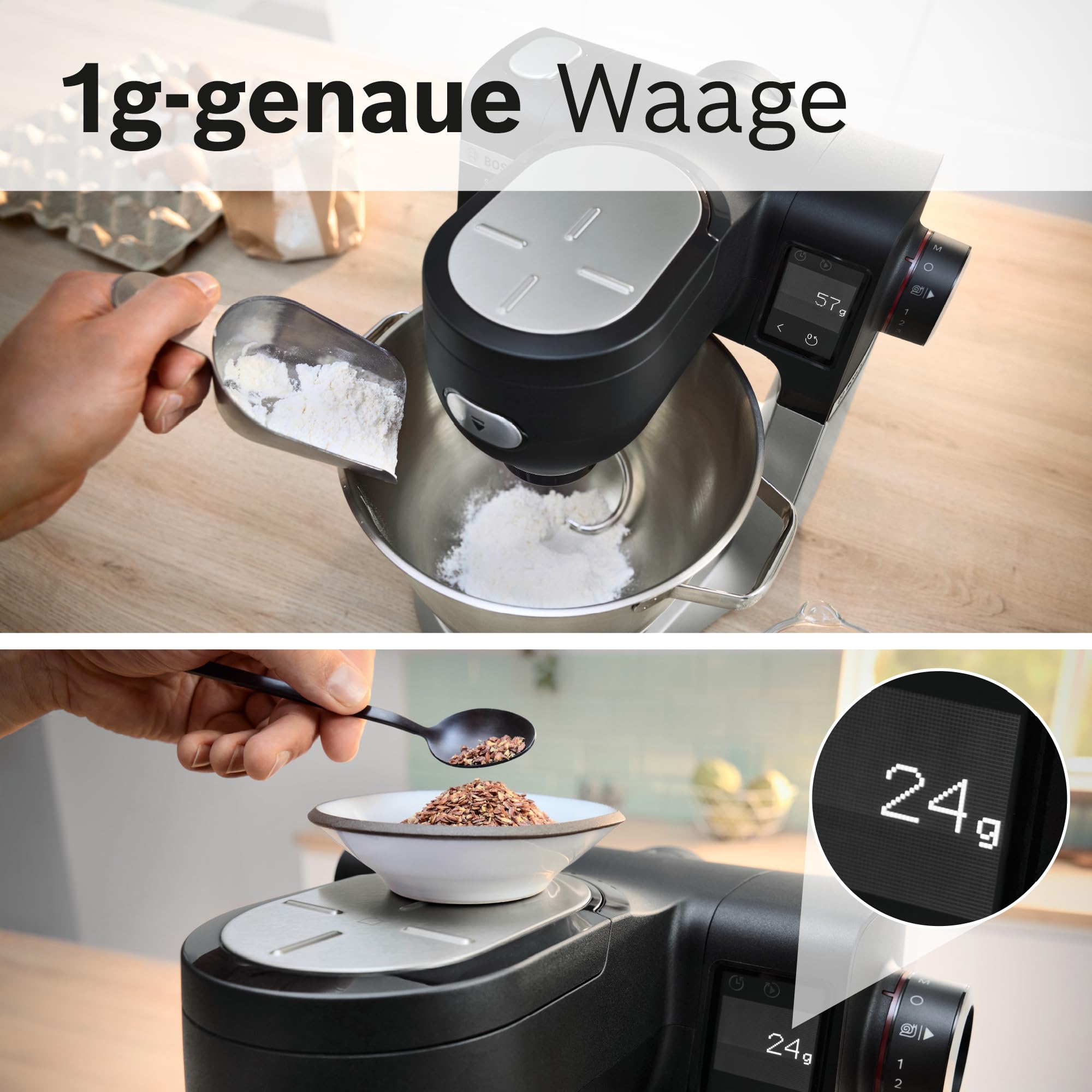 Bosch Küchenmaschine Serie 6, 7 Automatikprogramme, integr. Waage, 5,5l Schüssel, Durchlaufschnitzler, Scheiben, Knethaken/Rührbesen/Silikonbesen, spülmaschinenfest, 1600 W, silber/schwarz, MUMS6ZS13D