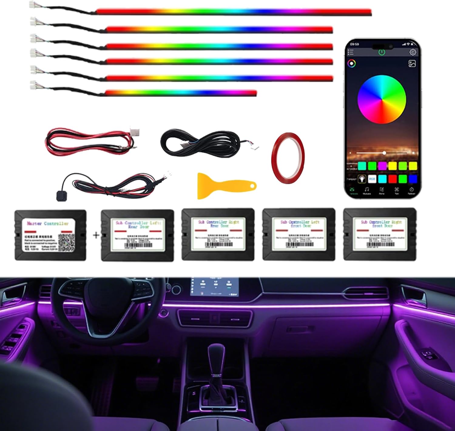 RGB 6 in 1 Interior Car LED Strip Light with Wireless APP,16 Million Interior Lights Car Dreamcolor Acrylic Ambient Lighting 600 LED Music Sync Neon Lights Kits (6 in 1 Set + App Control)