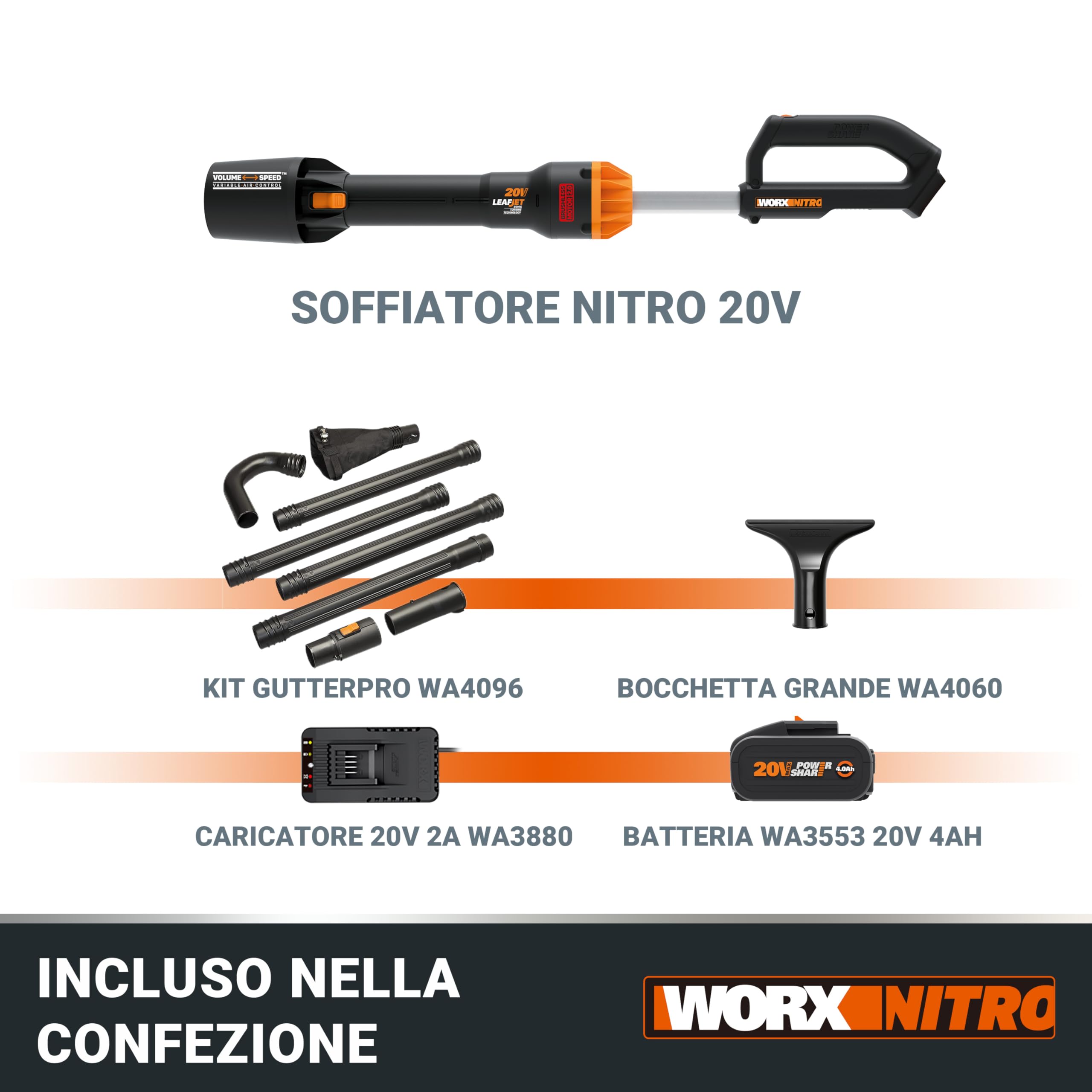 WORX Nitro WG543E.1 - Soffiatore professionale a batteria, 20 V, motore brushless 2.0, max. 209 km/h, 2 livelli di velocità, con batteria PowerShare da 4,0 Ah, caricatore e kit per grondaie GUTTERPRO