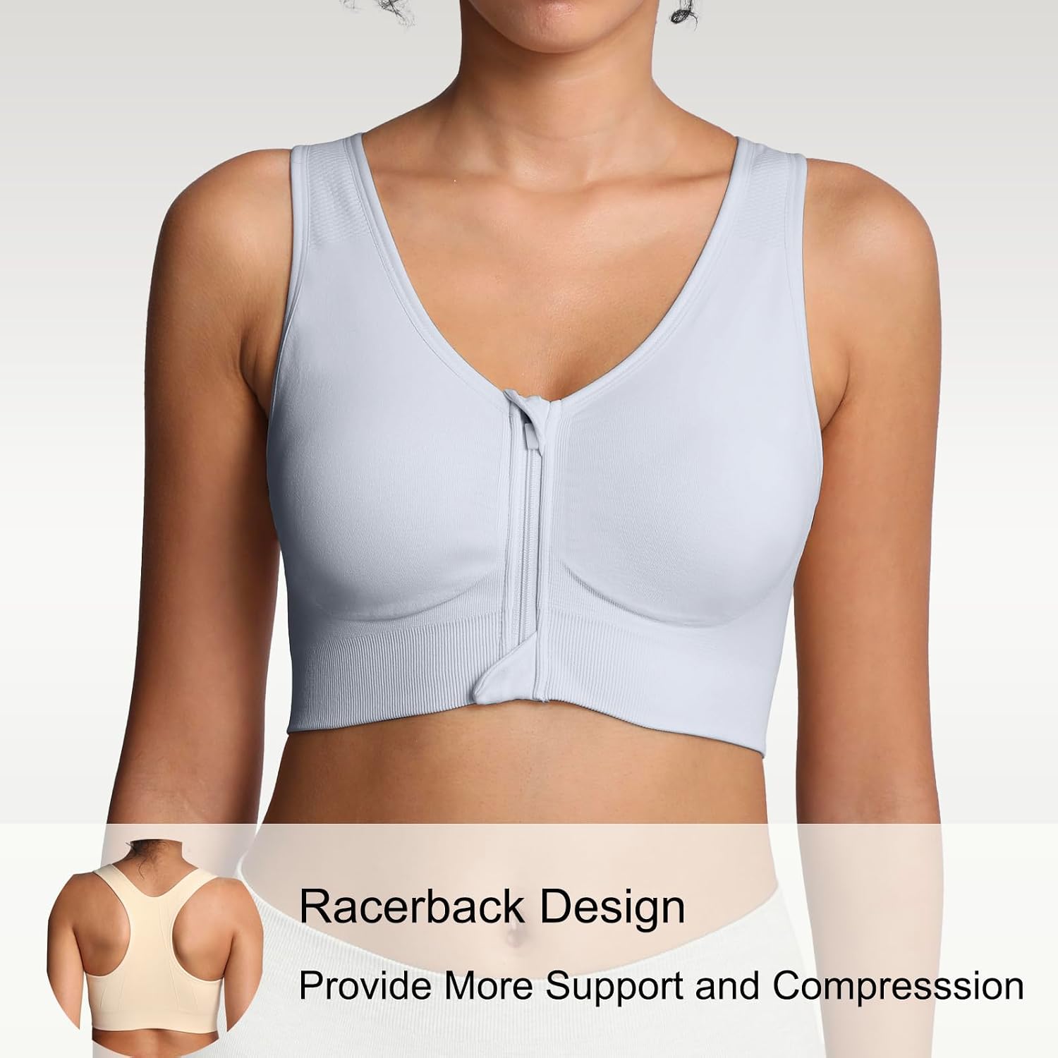 Lemef Front Zipper Sports Bras for Women Wirefree Post Surgery Bra Front Closure Racerback Compression Mastectomy Bras image 2