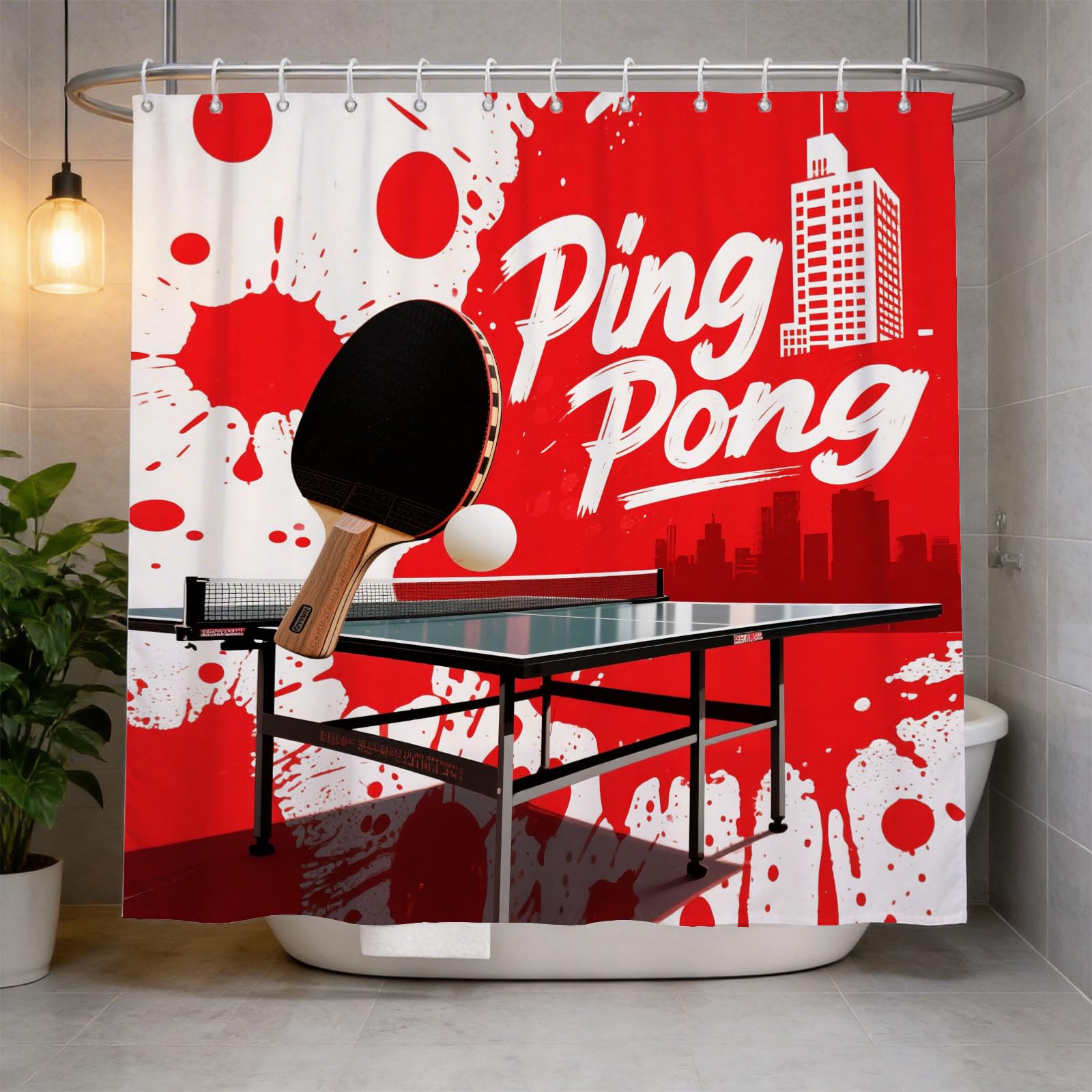 Hongduo 3D Pingpong Shower Curtain for Stalls Bathtubs Sports Style Bathroom Decor Shower Curtain Set Polyester Fabric Waterproof 120x180cm/48X71 Inch with Hooks
