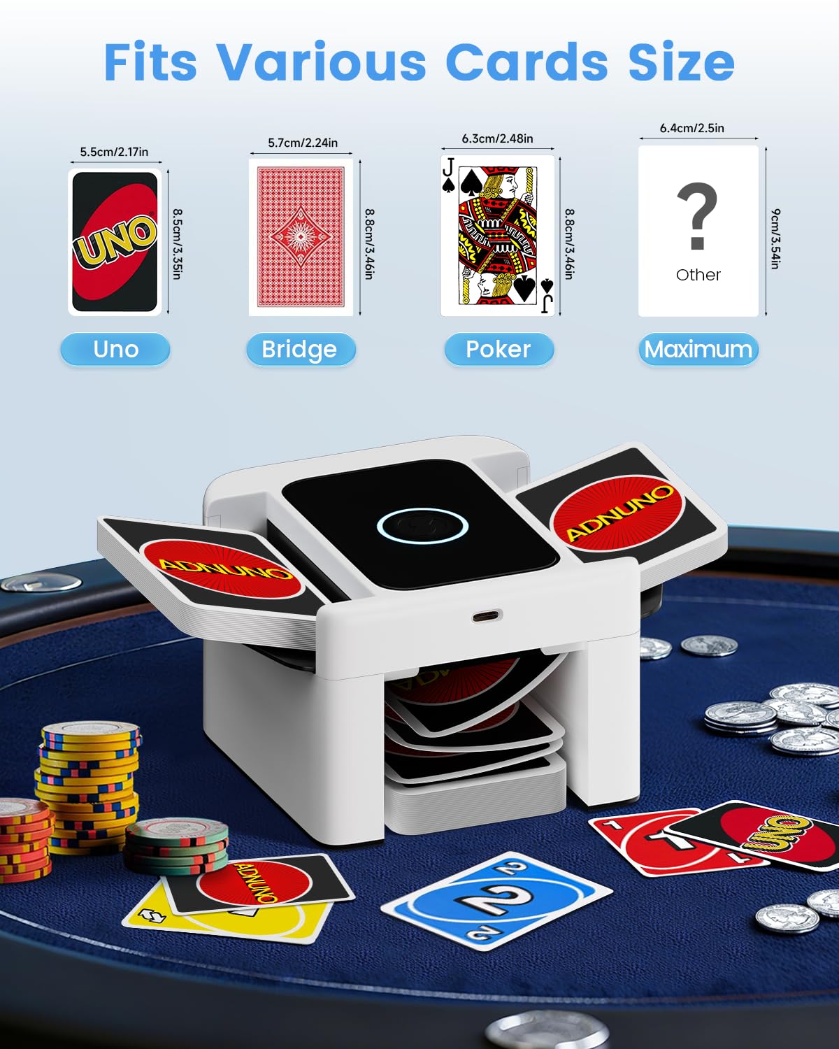 Barajador de Cartas Automático, Mezclador de Cartas con Batería 2000 mAh y USB, Barajeadora Carta Recargable, Card Shuffler Machine Card Shuffler Aplicable a UNO Skyjo y Otras Carta de Juego