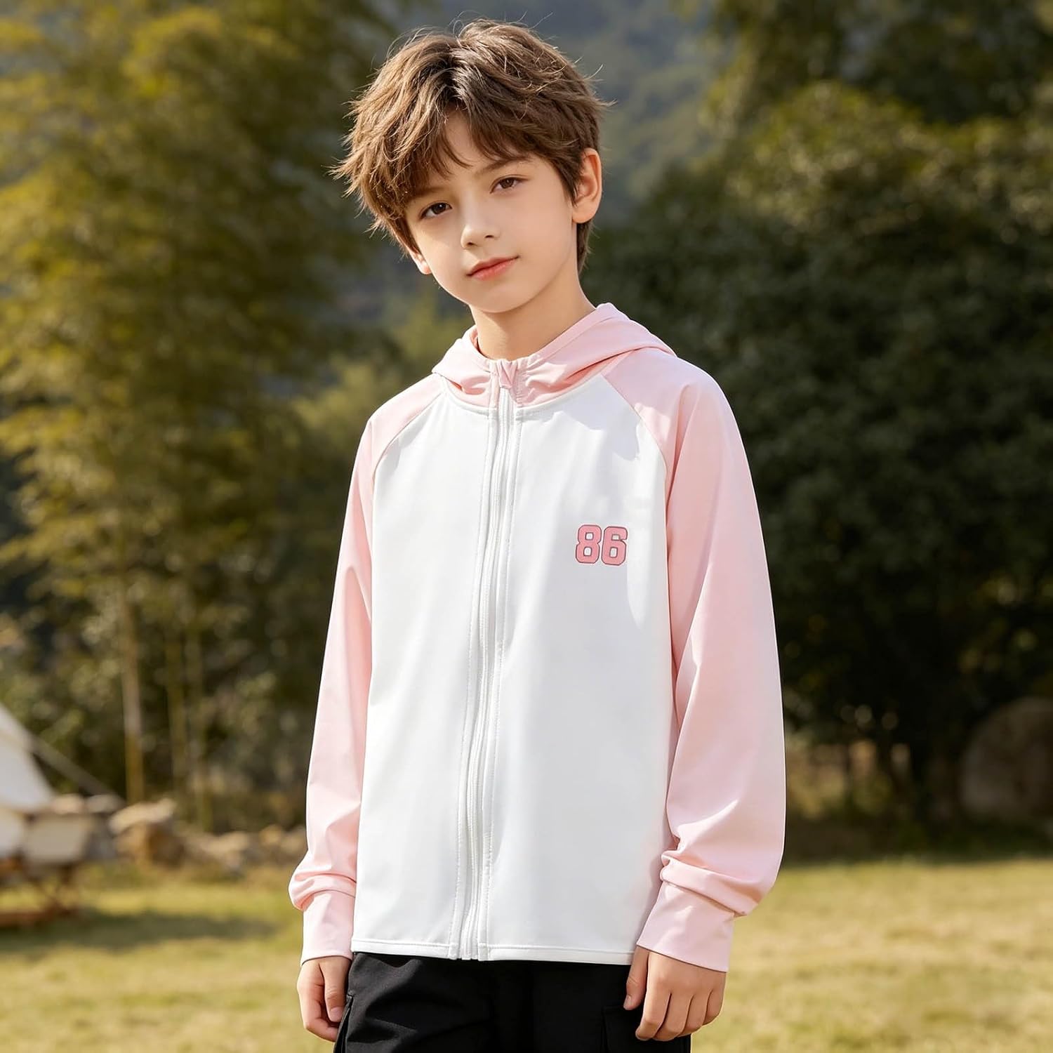Boys Hooded Rash Guard Shirt UPF 50+, Zipper Long Sleeve Swim Tops Quick Dry Lightweight Hiking Fishing Hoodie Shirts
