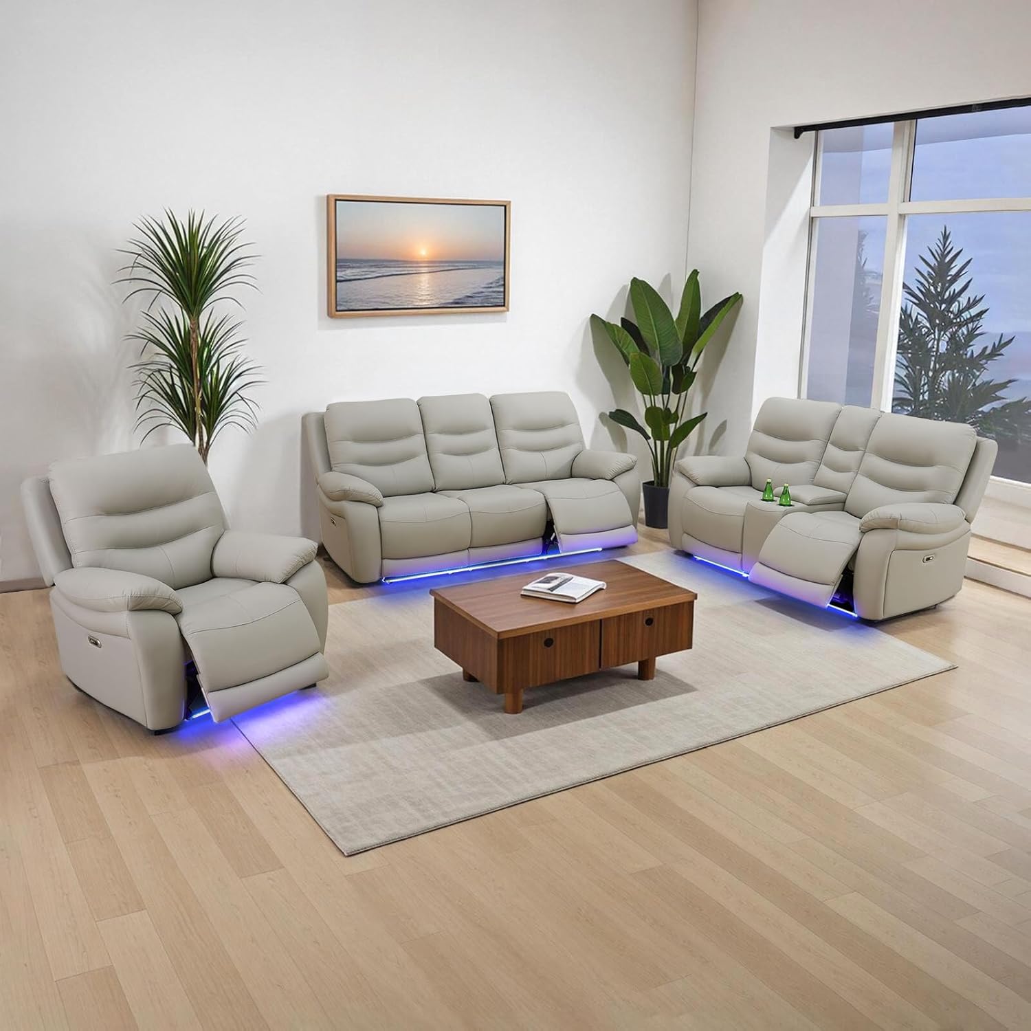 Power Reclining Sofa Set, Leather Recliner Sofa Sets, Light Grey Couch Set for Living Room with USB Ports, LED Light(Sofa, Loveseat and Chair)