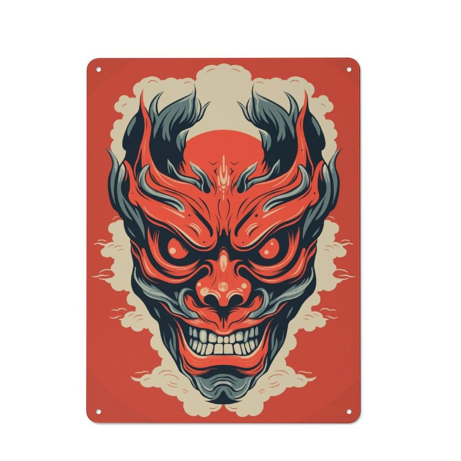 Junmoney Yokai Oni Japanese Mask Tin Sign 40X30cm With For Living Room Wall, Rustic Decor, Seasonal Metal Wall Decor For Autumn Interiors