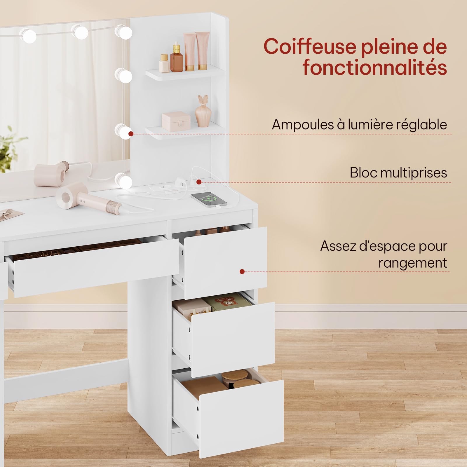 WOLTU Coiffeuse avec Miroir LED, Multiprise, Éclairage Réglable, Grande Coiffeuse avec 5 Tiroirs, Étagères Ouvertes, Armoire, Table de Maquillage en Bois pour Chambre, Blanc, MB6117ws