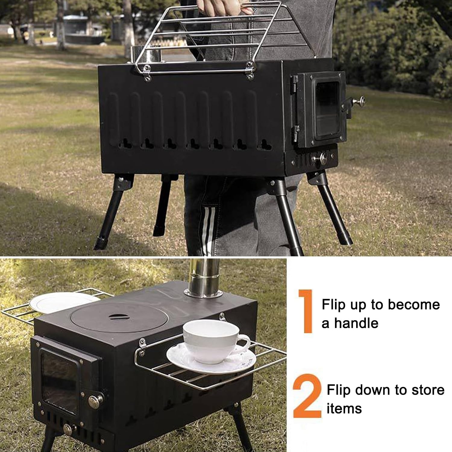 Wood Burning Stove, Camping Stove with Stainless Steel Chimney, Heating Tent Stove, for Hunting, Fishing, Backpacking Trips