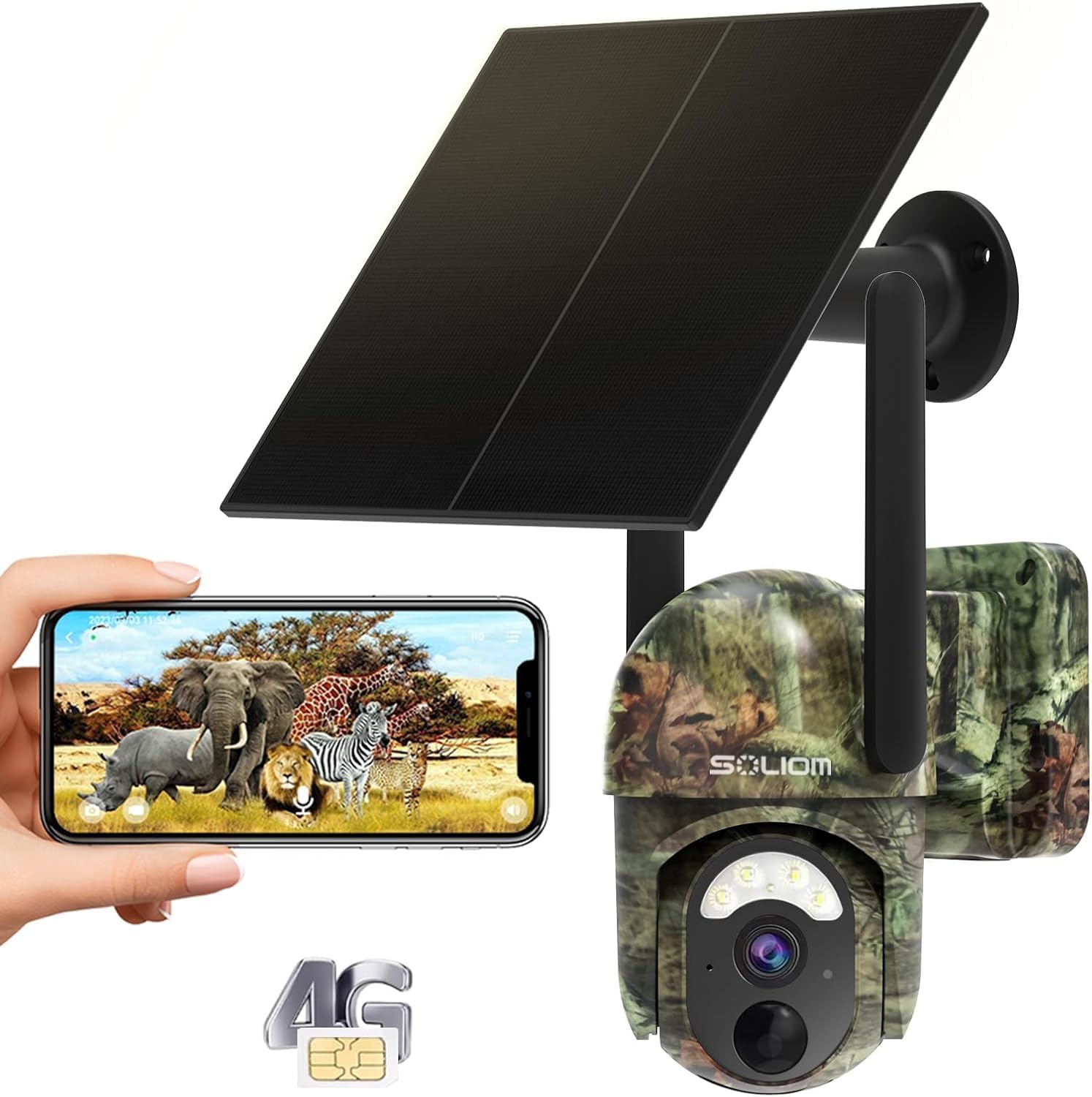 SOLIOM S50 4G Cellular Trail Camera,No WiFi Wireless Outdoor Security Camera with Solar Panel,Pan Tilt 355°View,2K HD Solution,Night Vision,32GB SD Card,3N Sim Card for Verizon, AT&T and T-Mobile