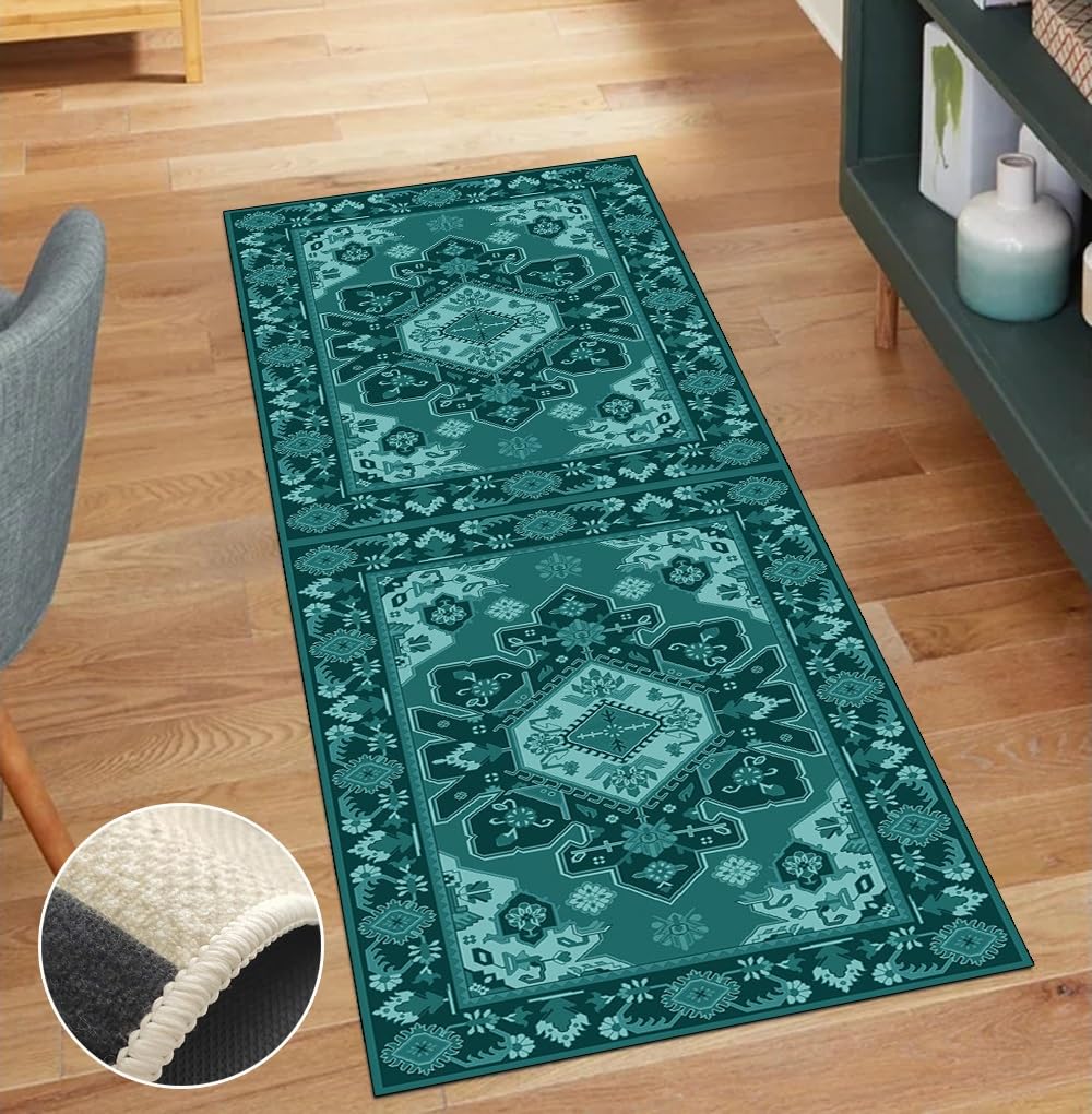 Tappeto a passatoia per corridoio, antiscivolo, 50 x 650 cm, modello Abstract lungo, lavabile, verde scuro al metro, corridoio