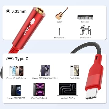 J&D USB Type C to 1/4 TS Audio Recording Adapter, USB C to 6.35mm TS Female Guitar Cable, Microphone Cord for Audio Recording, Bass, Electronic Piano, Drums, Compatible with iPhone 16/17 Series, 0.3 m