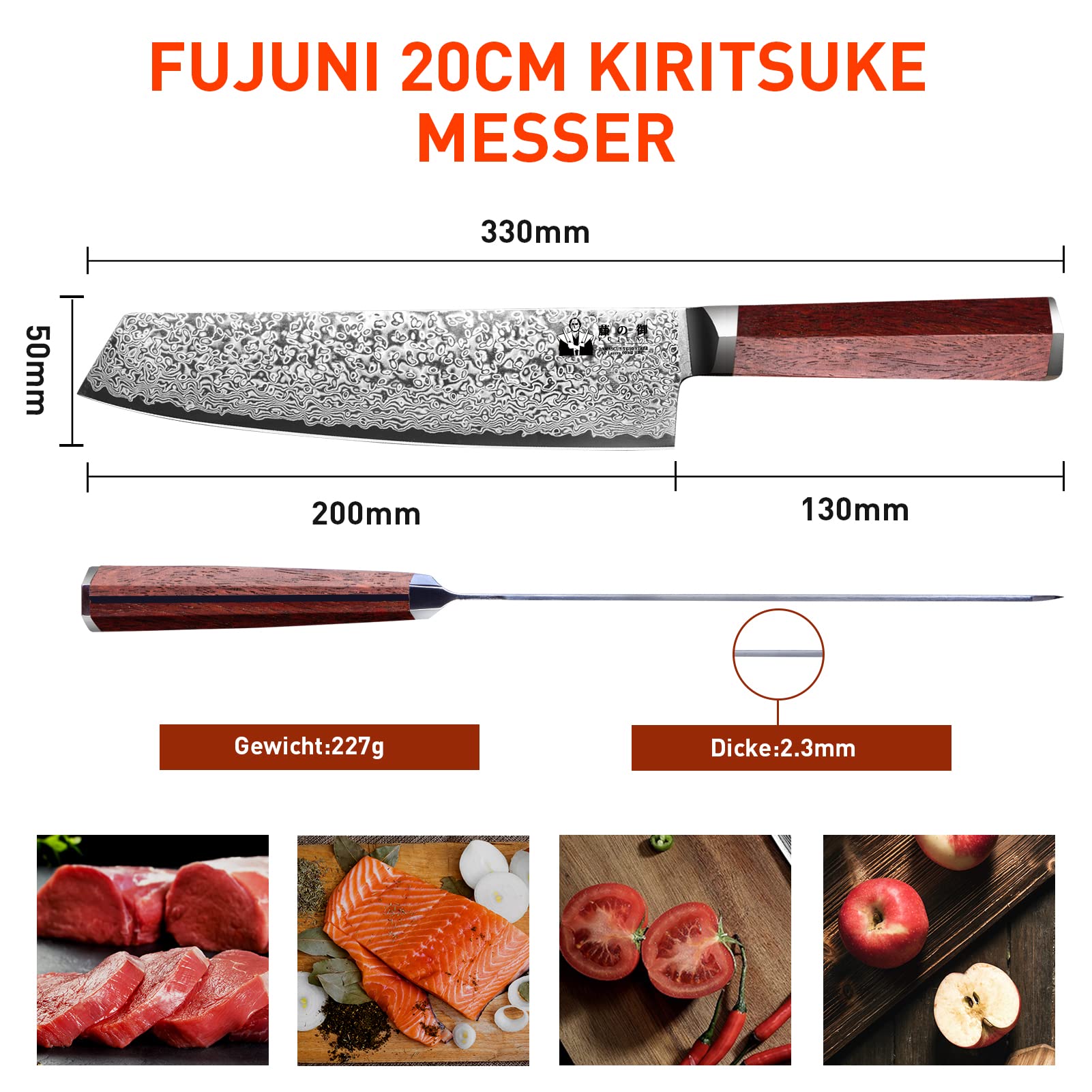 Damastmesser Kiritsuke Profi Kochmesser Mit Extrem Scharf 20 cm Klinge Aus 67 Lagen Vg-10 Damaststahl Küchenmesser, Holzgriff, Geschenkbox