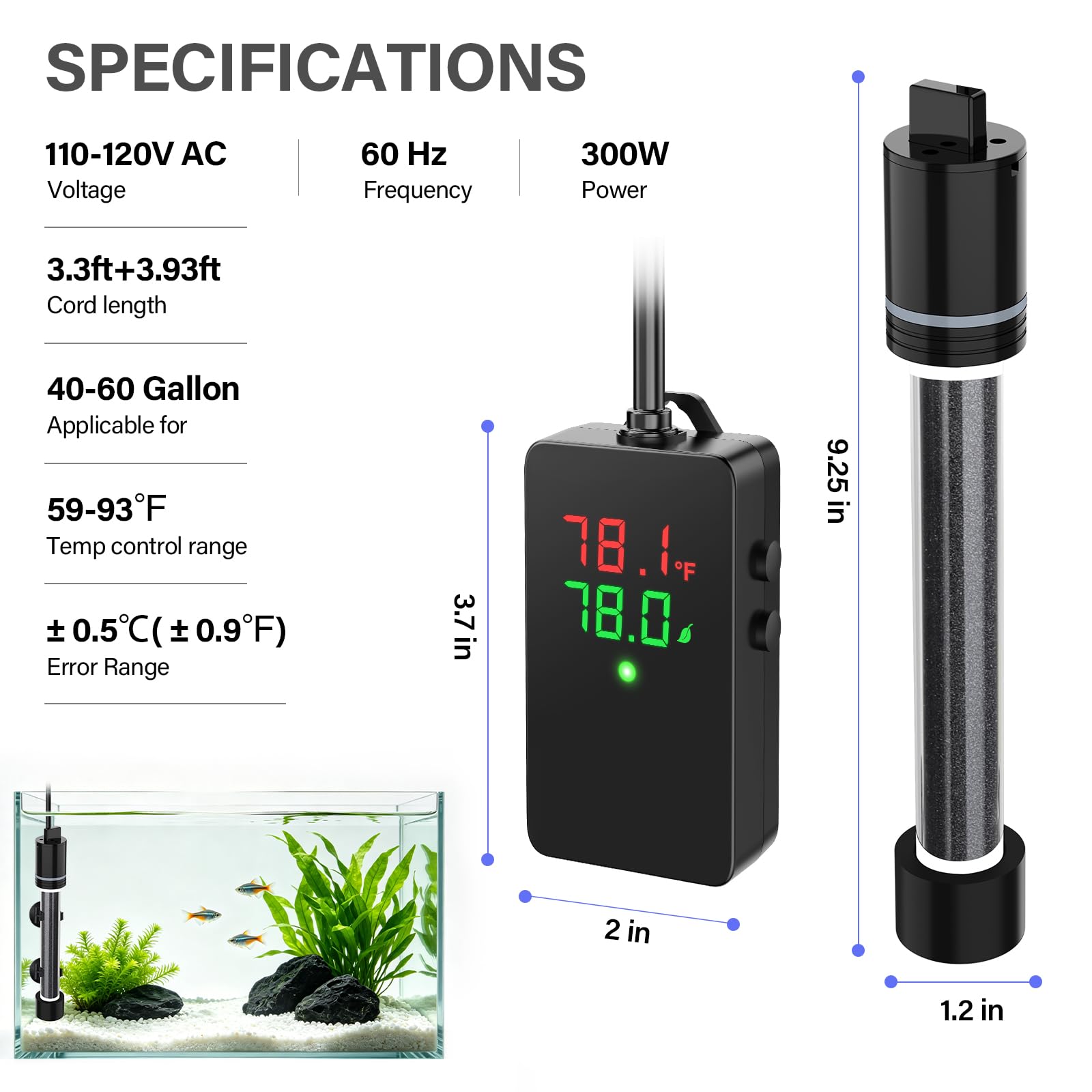 hygger Calentador de acuario de 300 W para tanques de 40 a 60 galones, control preciso de temperatura de ± 0,5 °C, doble sonda, controlador externo, protección contra sobrecalentamiento y