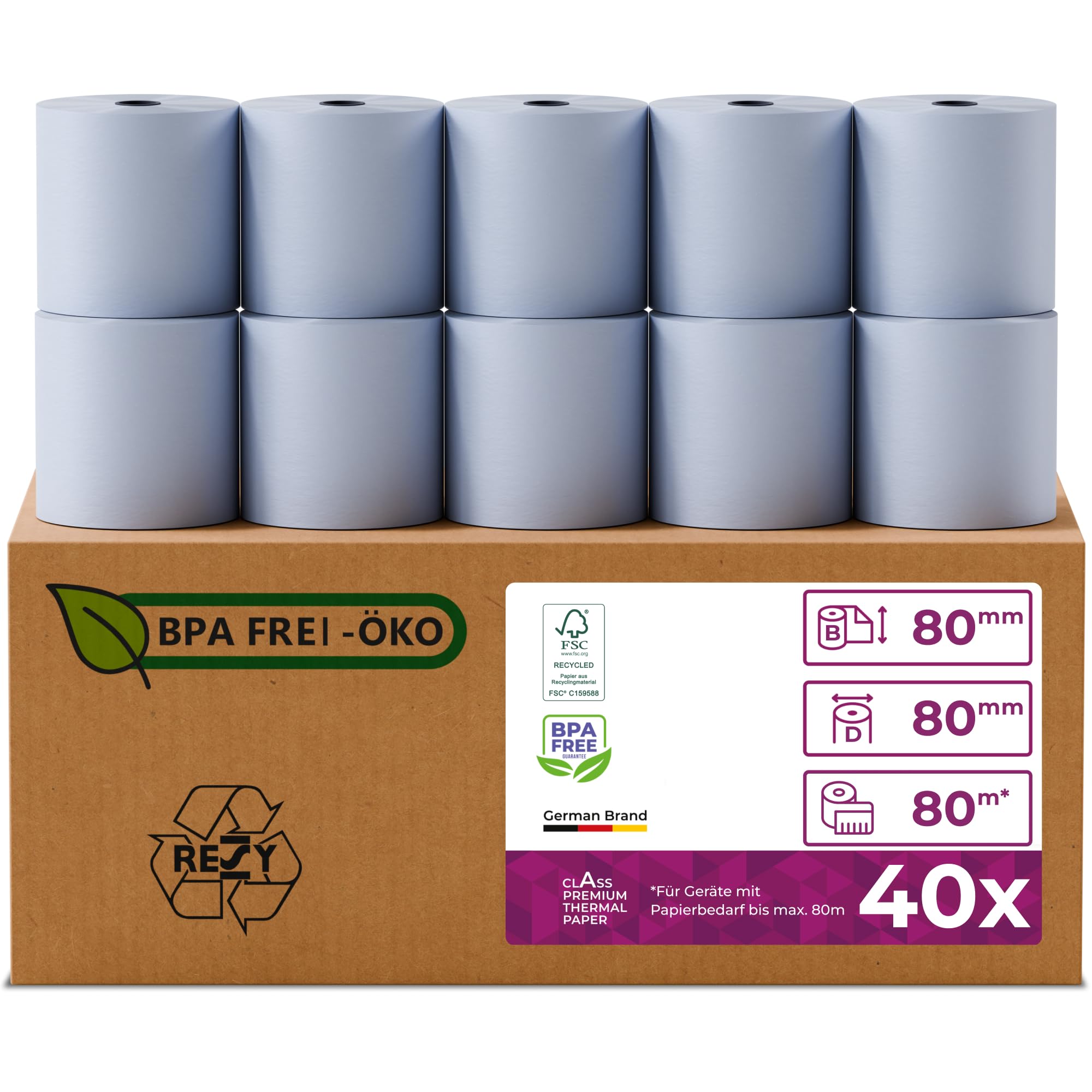 ÖKO Thermorollen 80mm x 80m x 12mm - Kassenrollen - Bonrollen für Registrierkasse mit Bondrucker - Thermopapier Phenolfreie (40 Rollen)