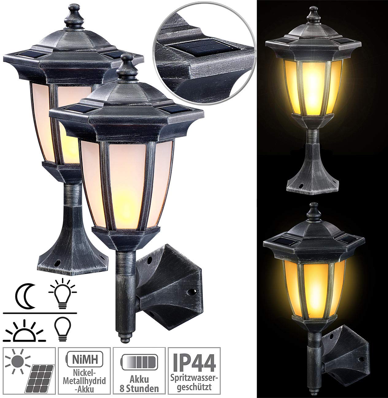 Lunartec Außenlampe: 2er-Set Solar-LED-Stand- & Wandlaternen mit Flammeneffekt, IP44 (Solarleuchte Gartendeko, Solarleuchte mit Flammeneffekt, Flamme)
