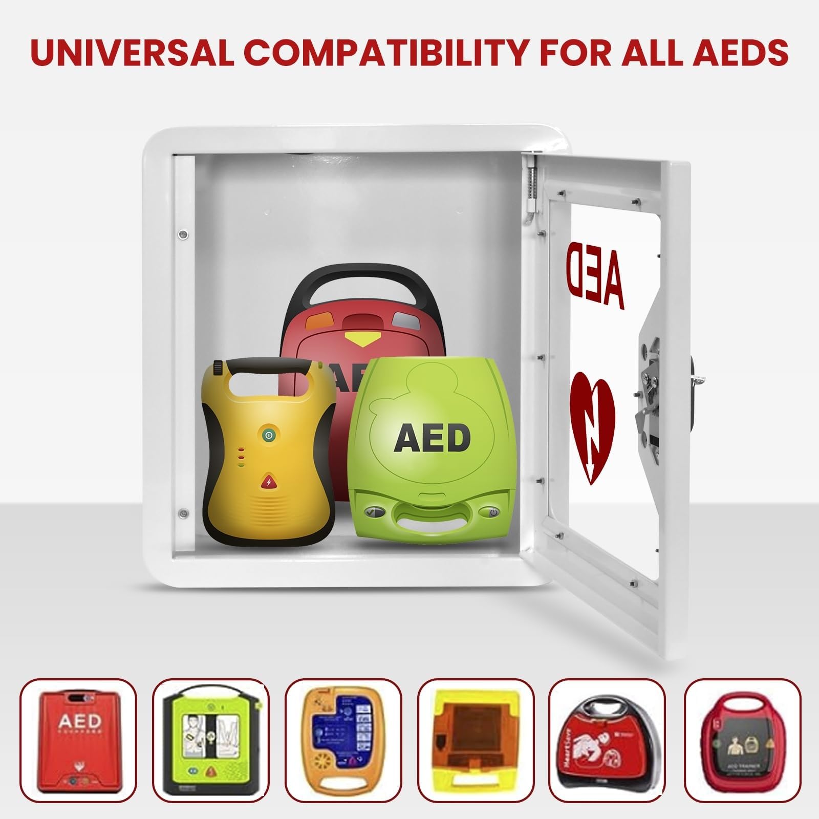 Defibrillatore DAE, da parete, con chiusura a scatto e finestra trasparente per accesso di emergenza