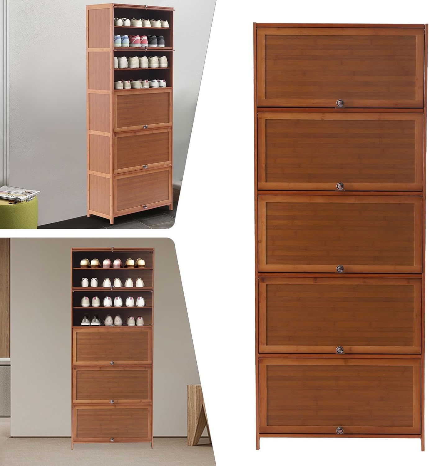 Bamboo Shoe Storage Cabinet with Doors, 11-Tier Freestanding Organizer for 30 Pairs | Dust-Proof Narrow Design for Entryway​