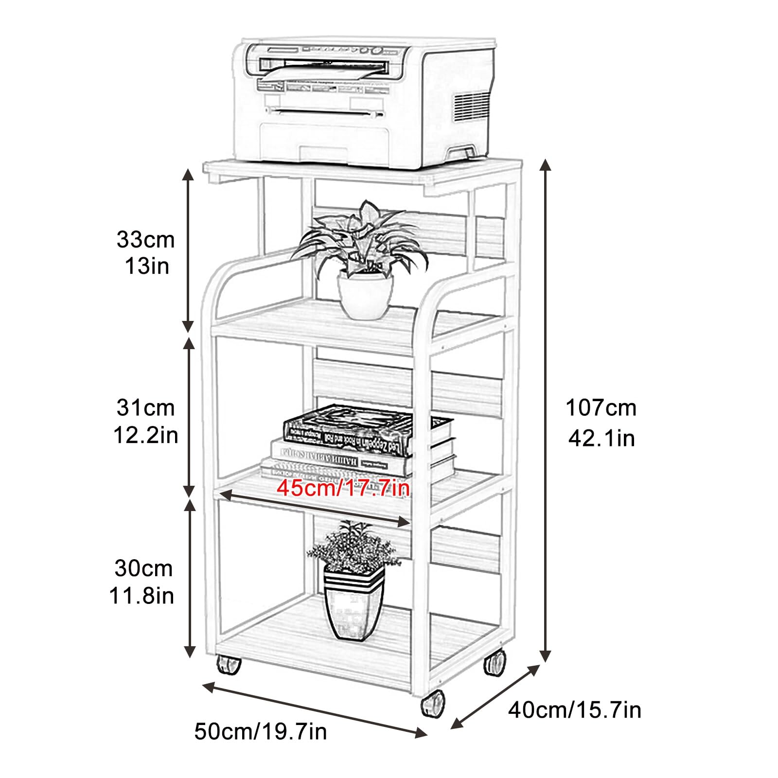 Carrello Per Stampante 4 Ripiani - Mobile Con Ruote Per Ufficio E Casa, Nero - Foto 6