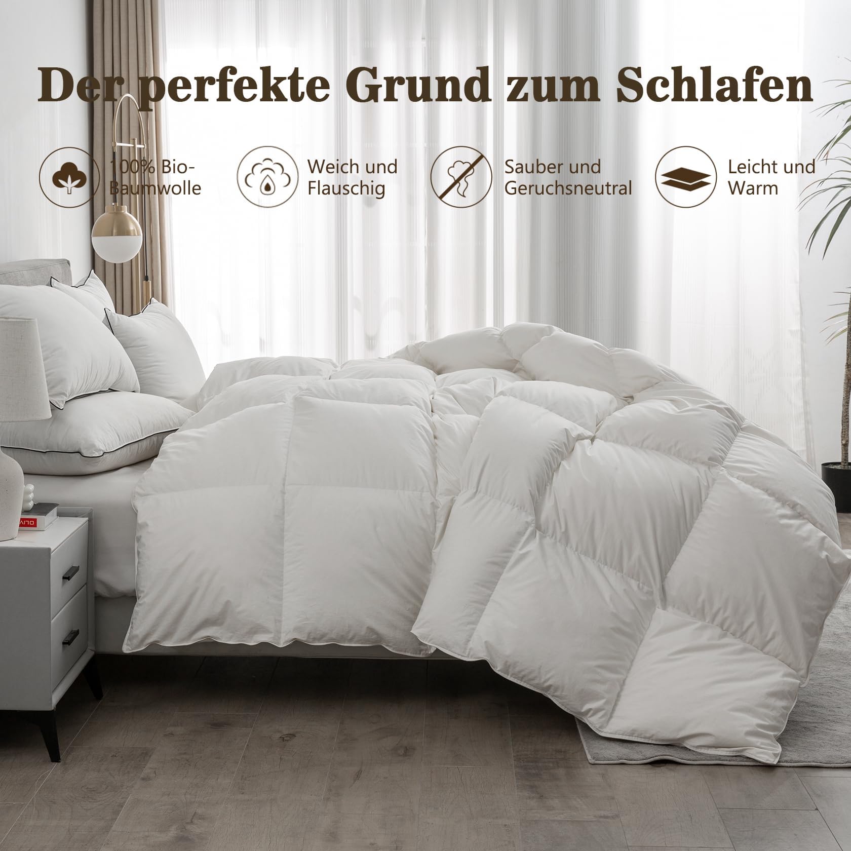 BPC Leichte Daunendecke 220x240, Sommer Bettdecke | 100% Bio-Baumwolle, Weich Federn Daunen Füllung, Öko-Tex und RDS Zertifiziert Steppdecke, 220x240 cm, Elfenbeinweiß
